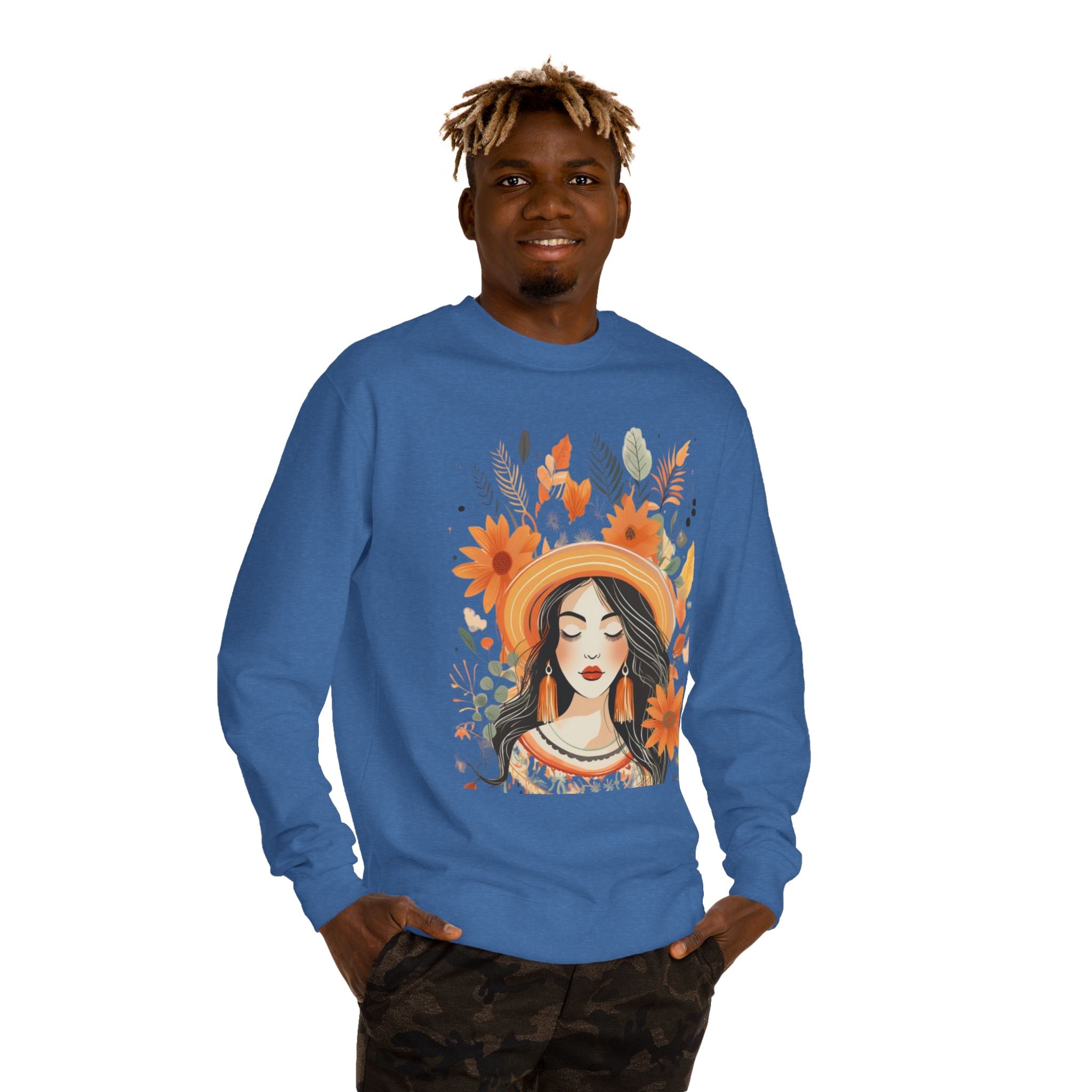 Autumn Bloom Women's Portrait Sweatshirt — Floral Hat Illustration