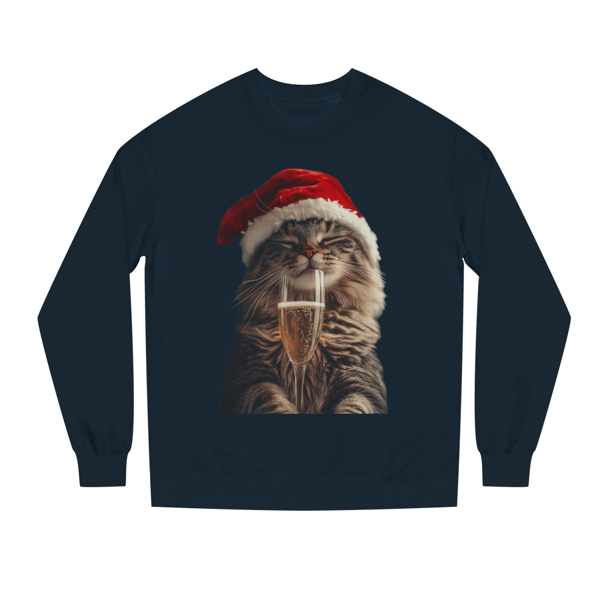 Christmas Cat Sweatshirt — Festive Cat with Santa Hat & Champagne