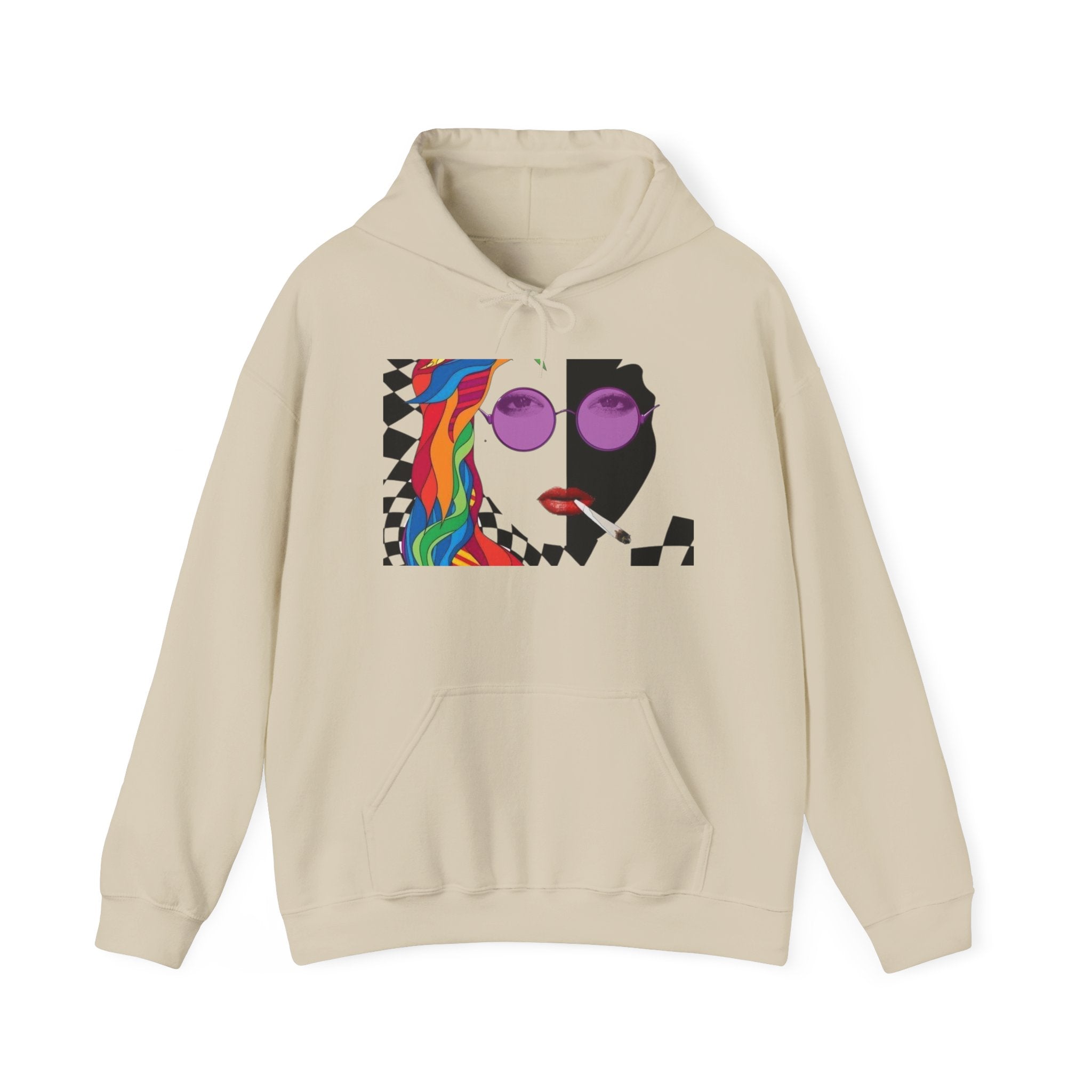 Graphic Hoodie - Retro Pop Art Face with Rainbow Hair & Checkerboard