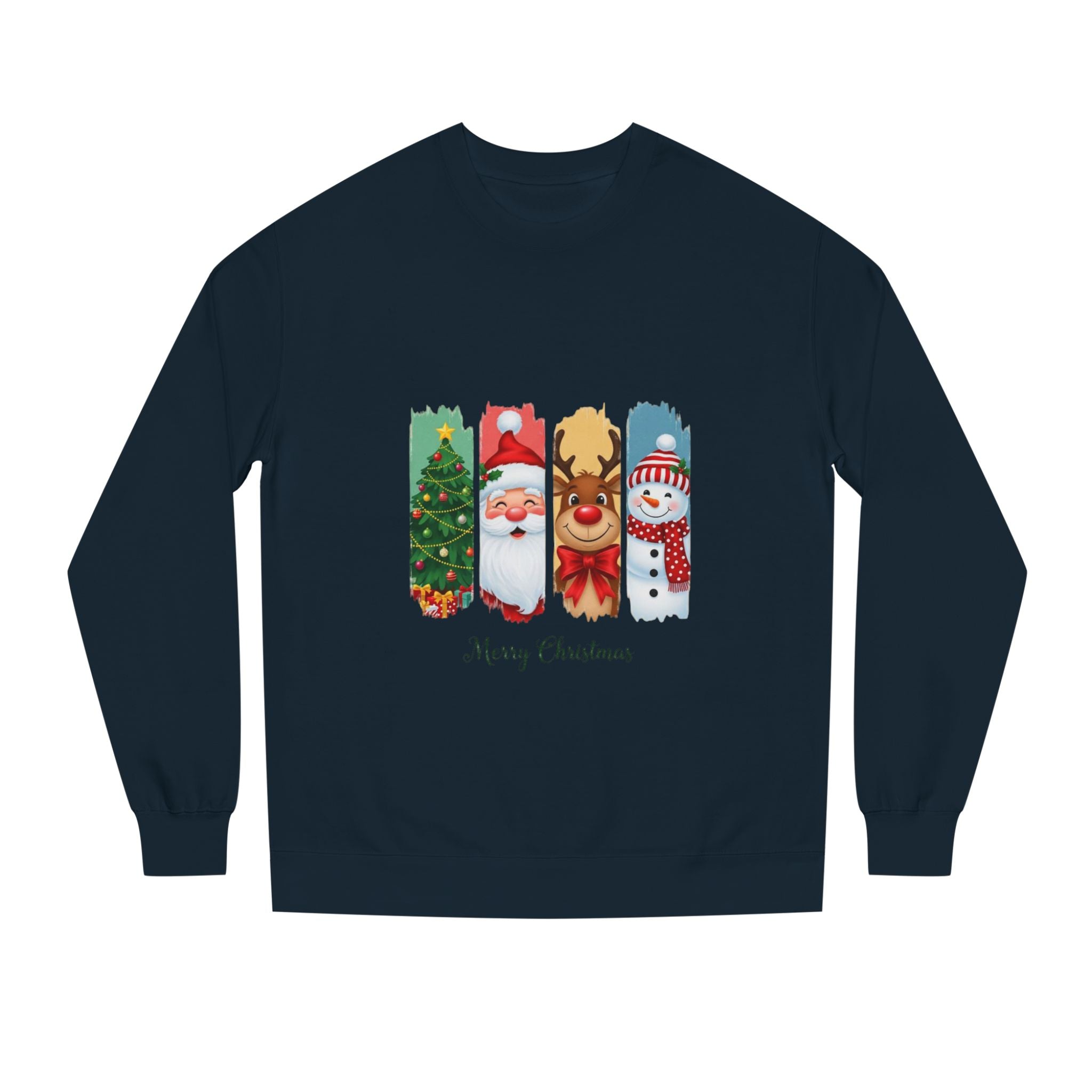 Christmas Characters Crewneck Sweatshirt — Merry Christmas Tree, Santa, Reindeer & Snowman Design