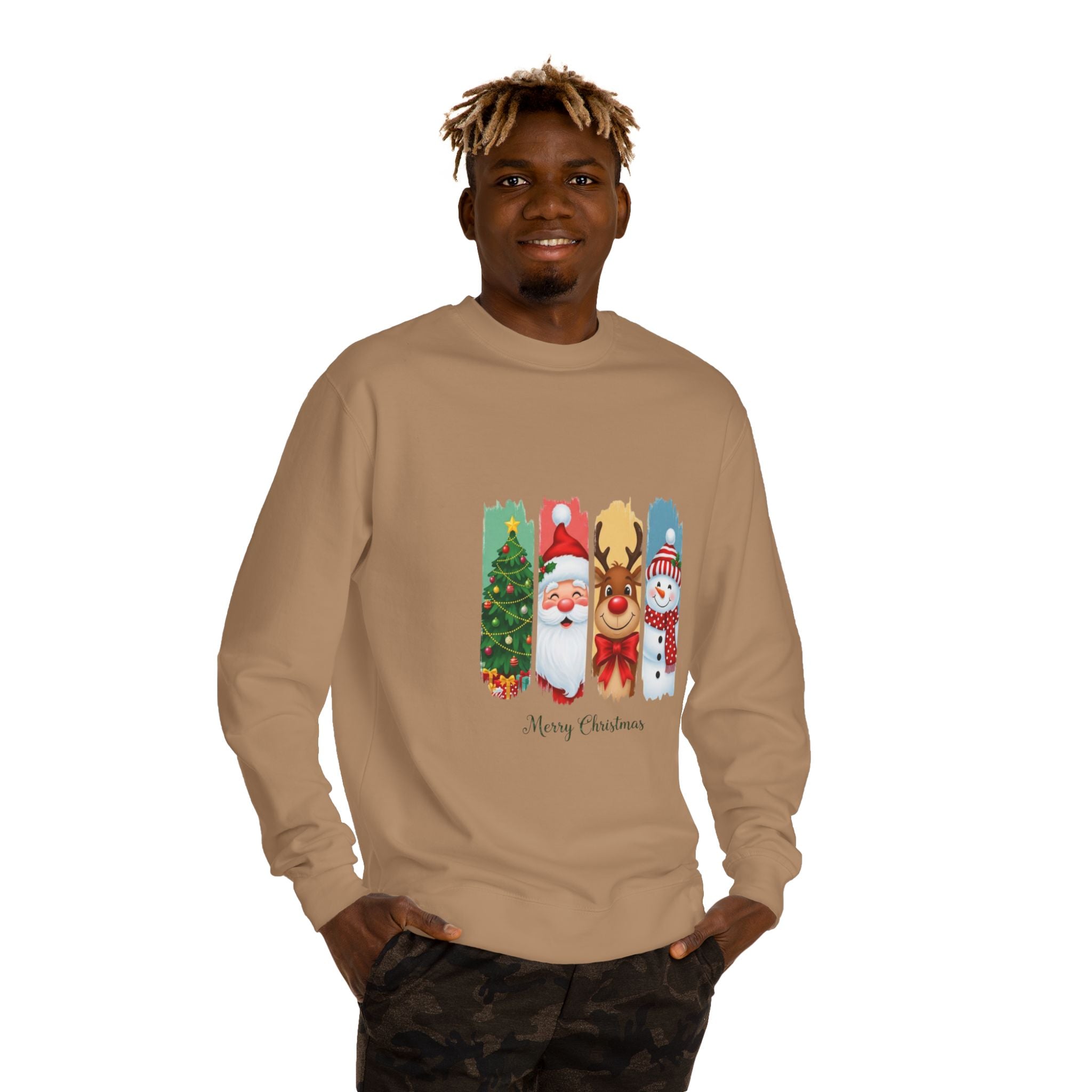Christmas Characters Crewneck Sweatshirt — Merry Christmas Tree, Santa, Reindeer & Snowman Design