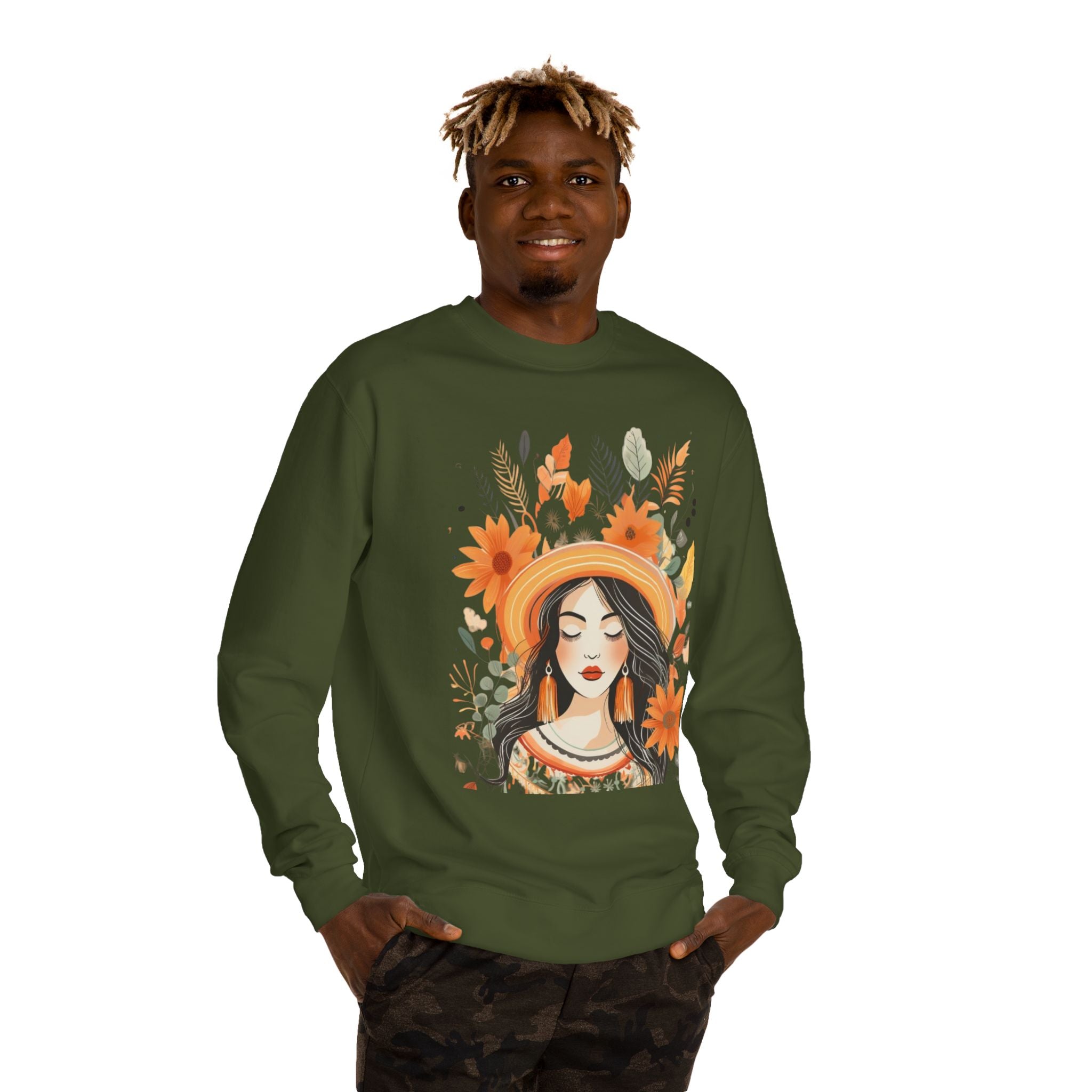Autumn Bloom Women's Portrait Sweatshirt — Floral Hat Illustration