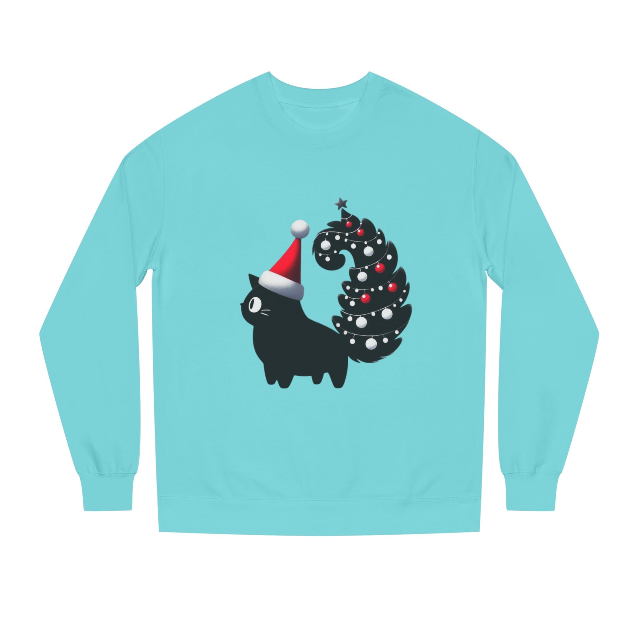 Christmas Black Cat Sweatshirt — Cute Cat with Santa Hat & Ornament Tail Holiday Crewneck