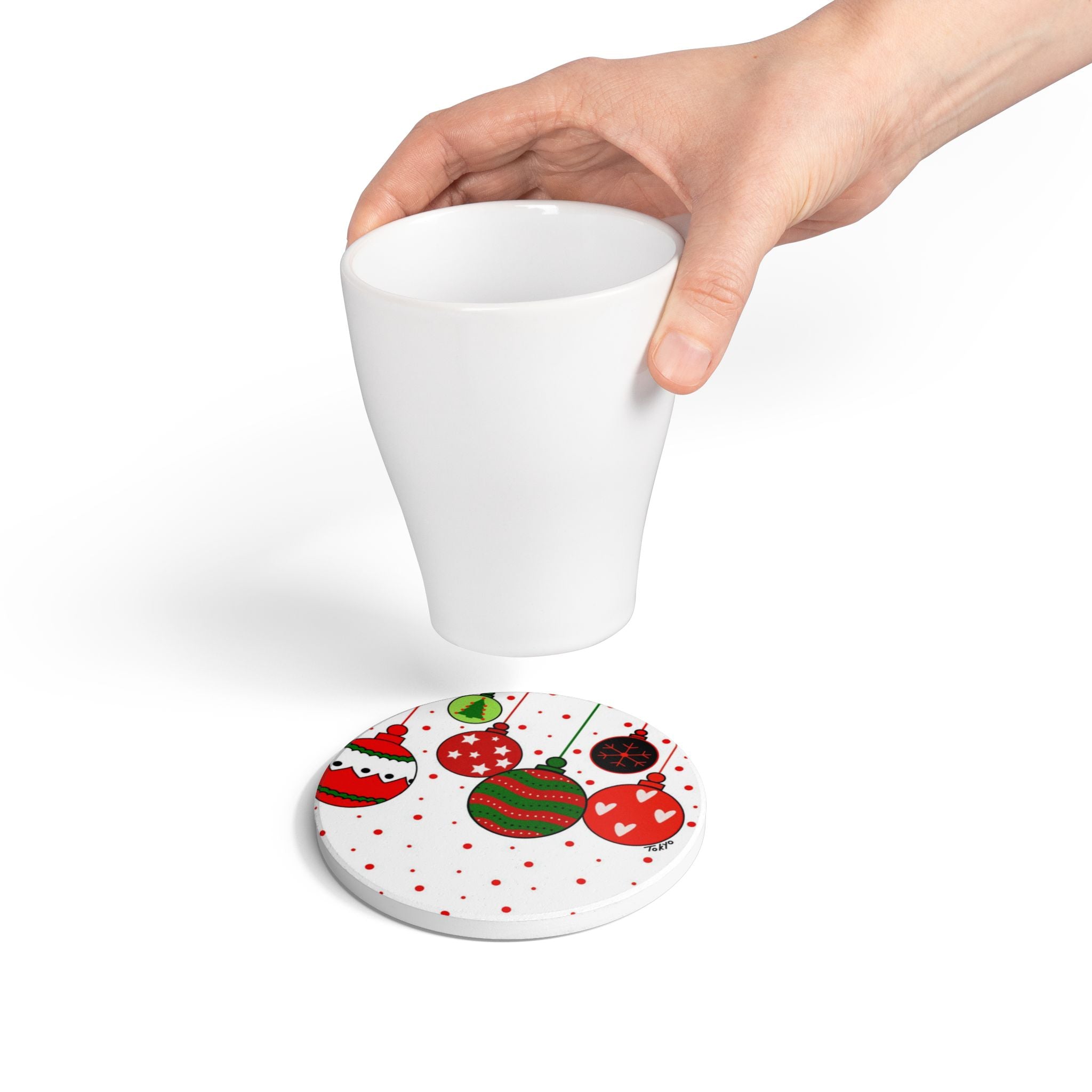 Christmas Ornament Ceramic Coaster — Festive Red & Green Holiday Drink Coaster