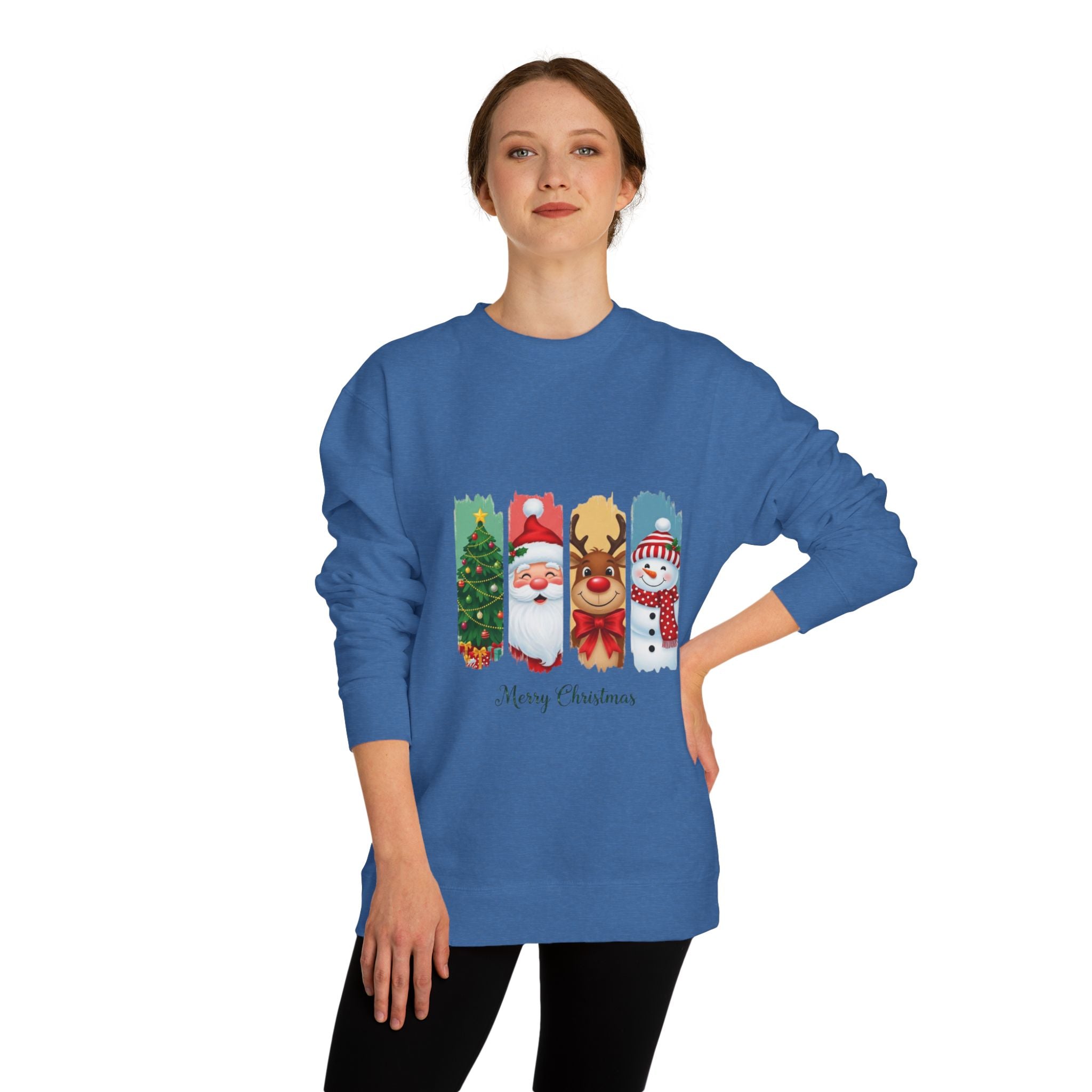 Christmas Characters Crewneck Sweatshirt — Merry Christmas Tree, Santa, Reindeer & Snowman Design