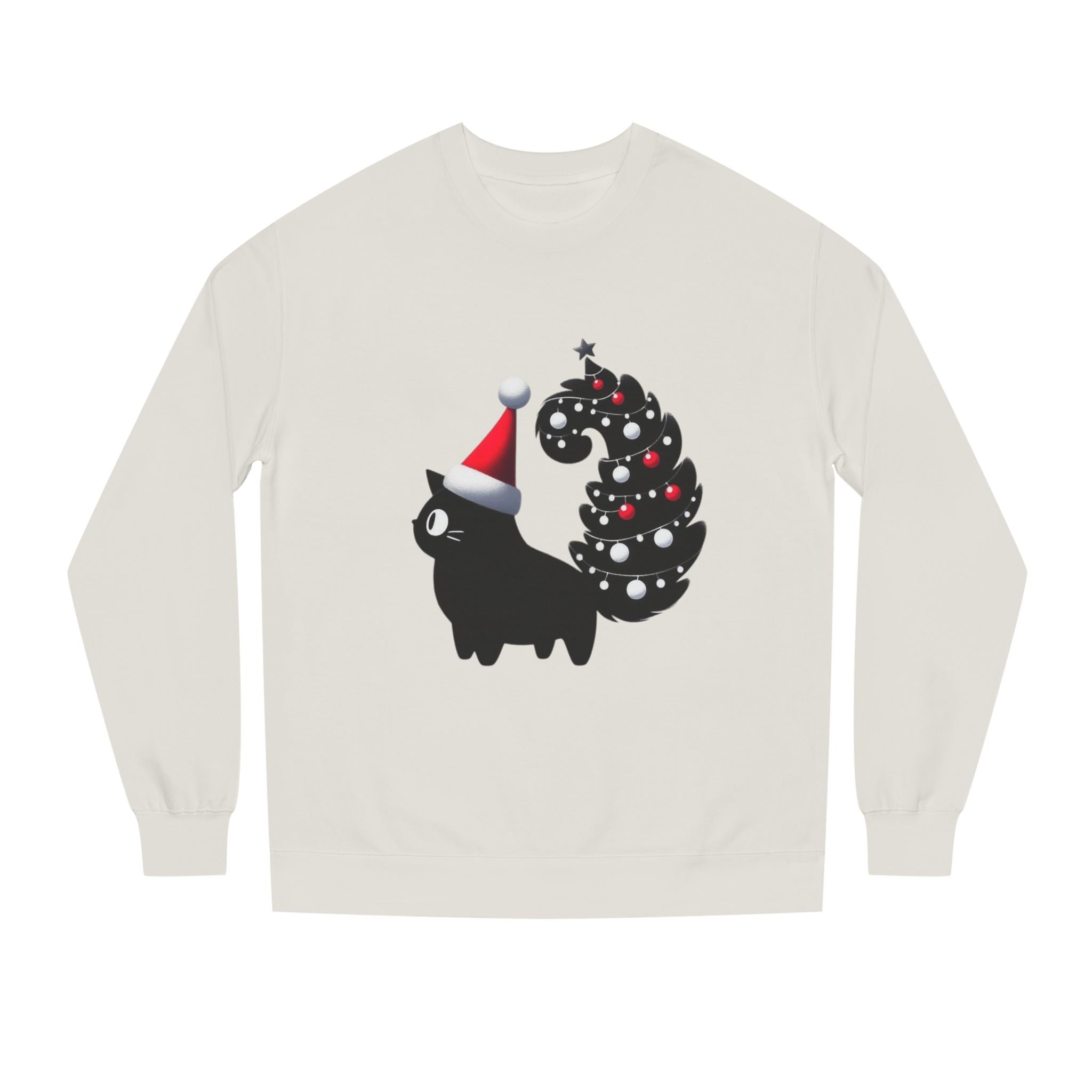 Christmas Black Cat Sweatshirt — Cute Cat with Santa Hat & Ornament Tail Holiday Crewneck