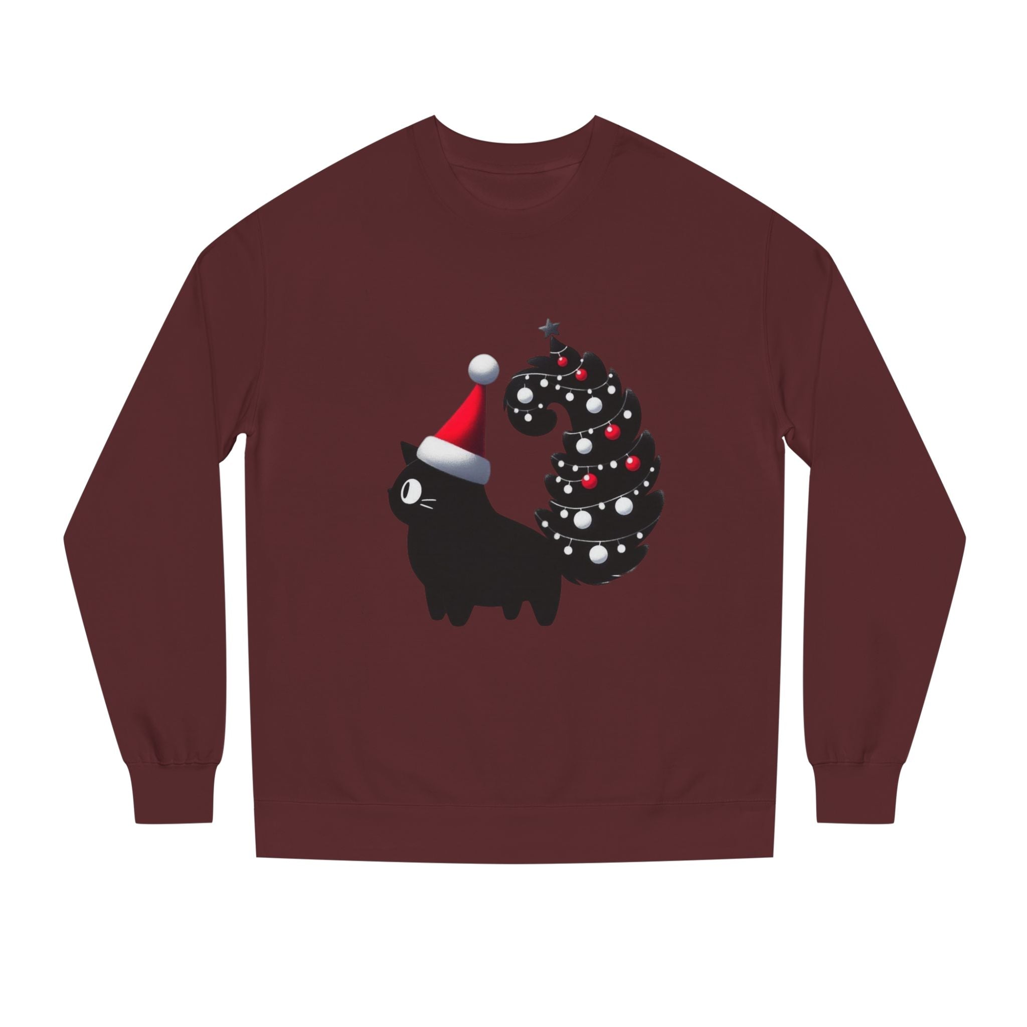 Christmas Black Cat Sweatshirt — Cute Cat with Santa Hat & Ornament Tail Holiday Crewneck