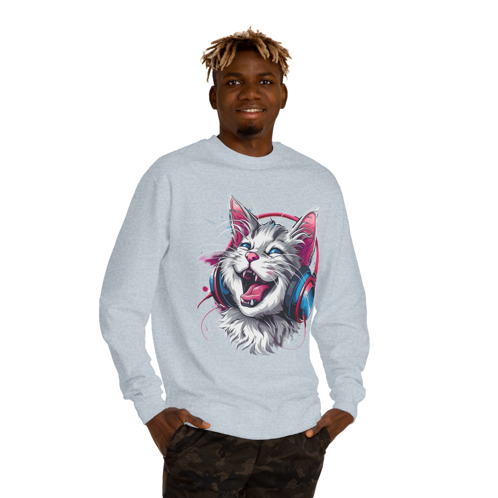 Cat with Headphones Sweatshirt — Vintage DJ Kitty Crewneck