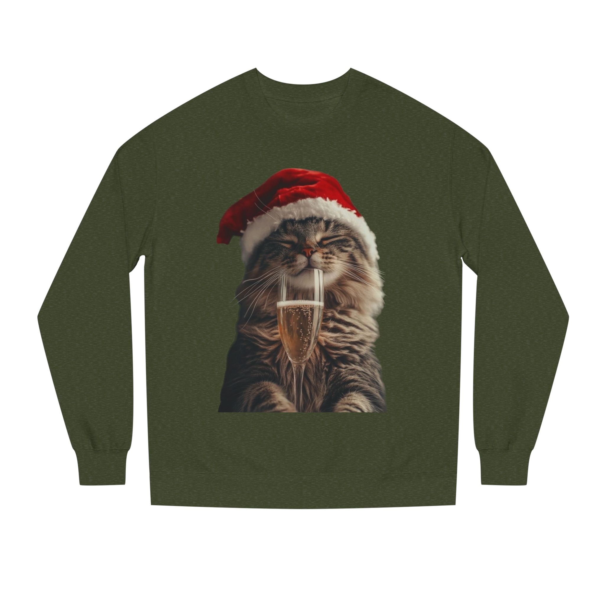 Christmas Cat Sweatshirt — Festive Cat with Santa Hat & Champagne
