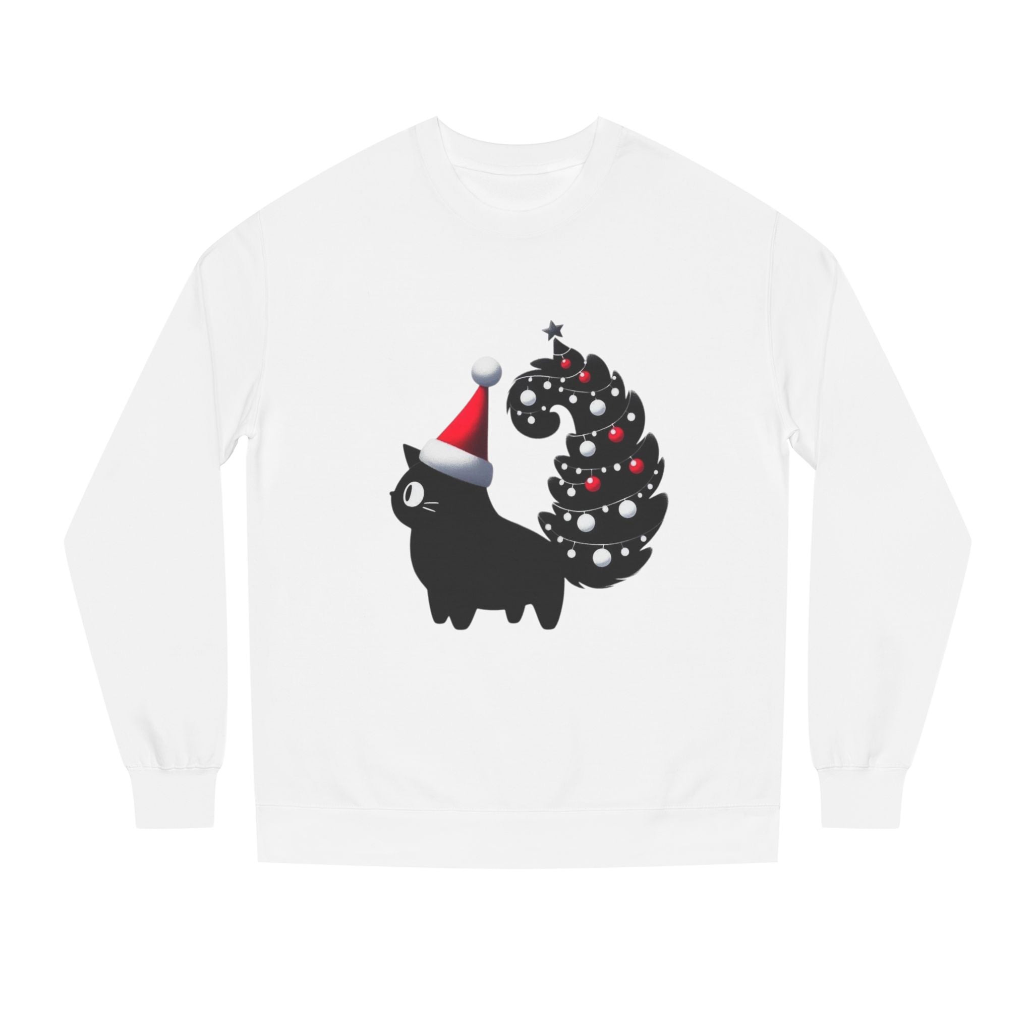 Christmas Black Cat Sweatshirt — Cute Cat with Santa Hat & Ornament Tail Holiday Crewneck