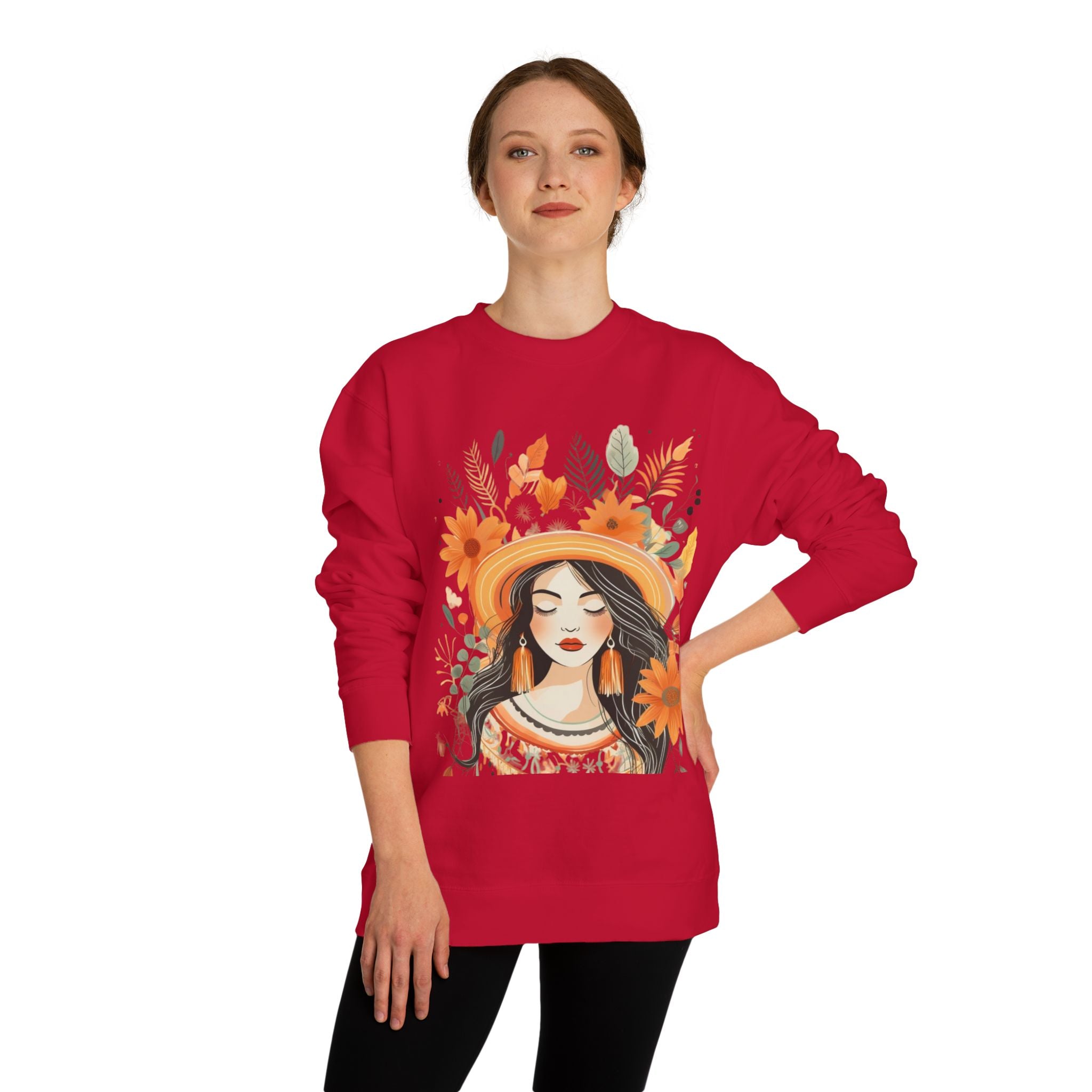 Autumn Bloom Women's Portrait Sweatshirt — Floral Hat Illustration