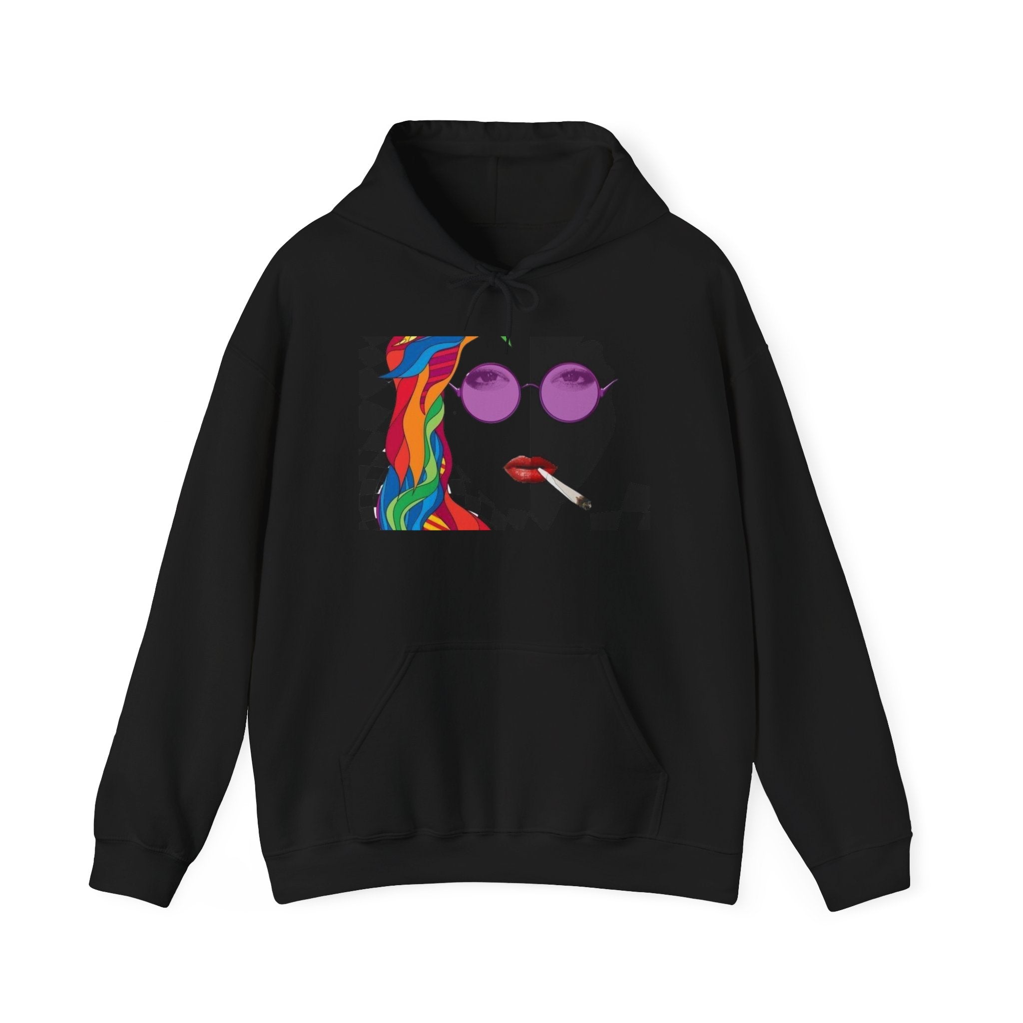 Graphic Hoodie - Retro Pop Art Face with Rainbow Hair & Checkerboard