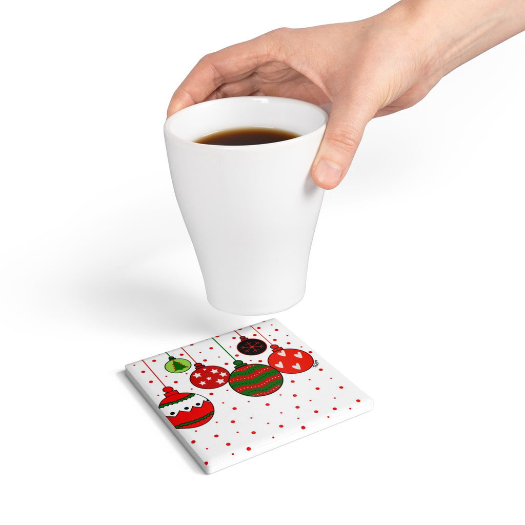 Christmas Ornament Ceramic Coaster — Festive Red & Green Holiday Drink Coaster