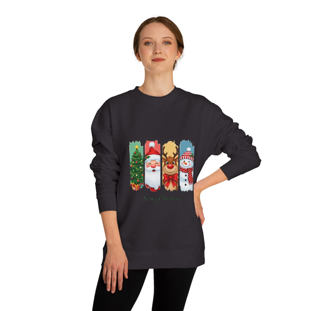 Christmas Characters Crewneck Sweatshirt — Merry Christmas Tree, Santa, Reindeer & Snowman Design