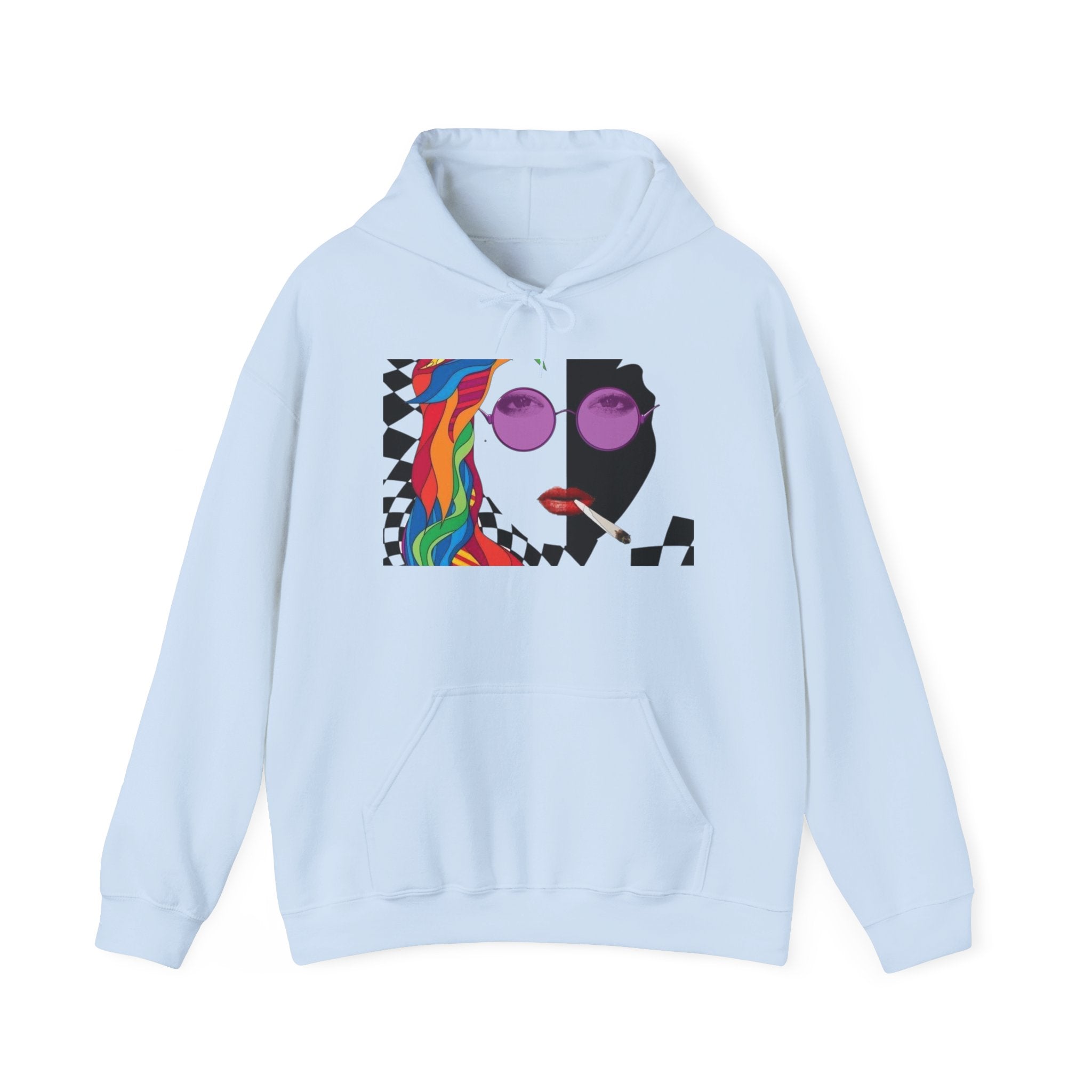 Graphic Hoodie - Retro Pop Art Face with Rainbow Hair & Checkerboard