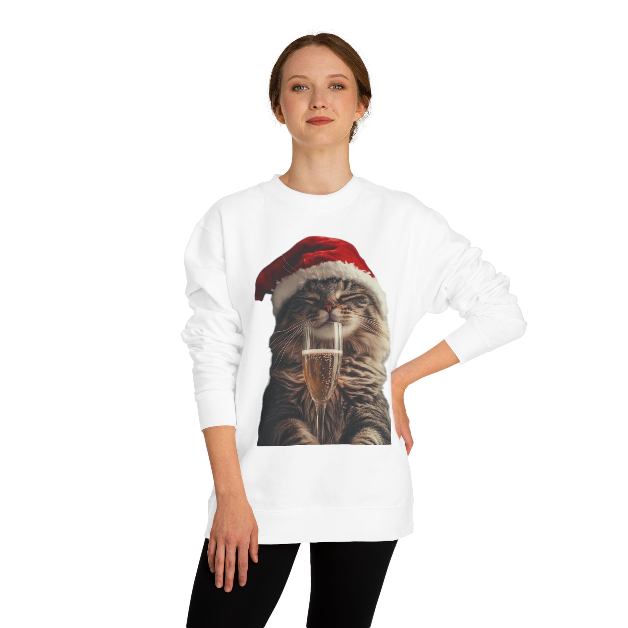 Christmas Cat Sweatshirt — Festive Cat with Santa Hat & Champagne