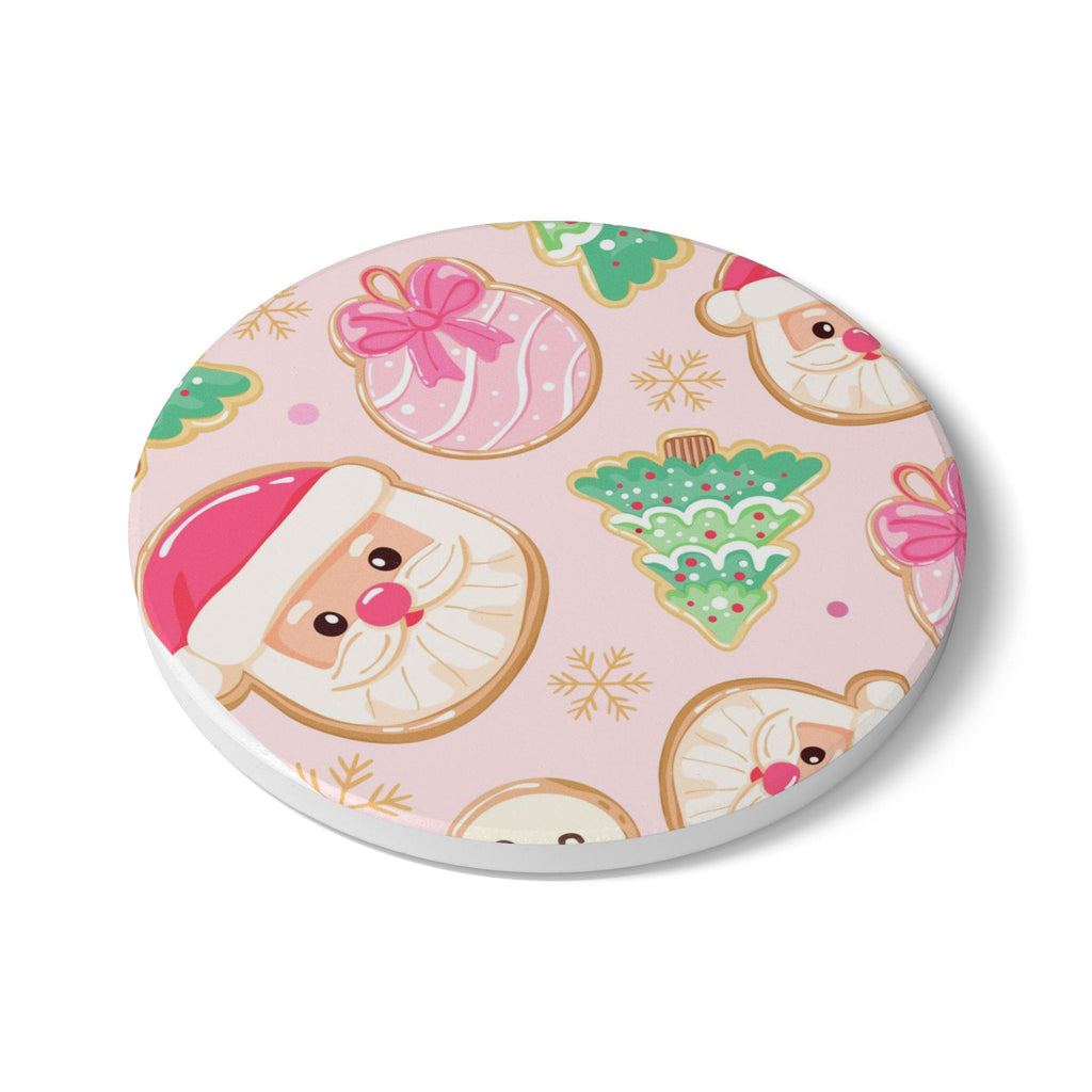 Christmas Santa & Cookies Ceramic Coaster — Cute Pink Holiday Drink coaster