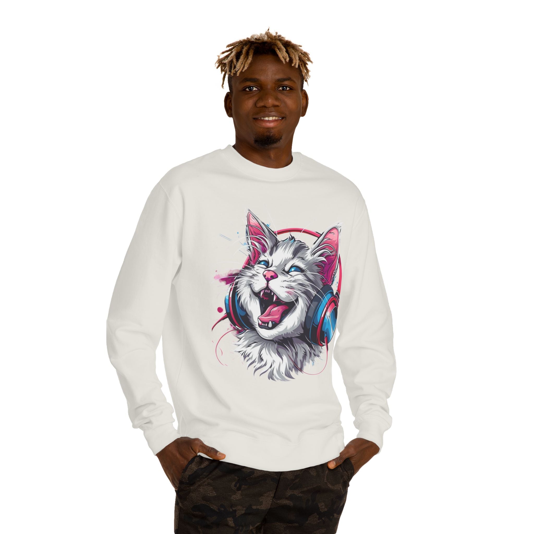 Cat with Headphones Sweatshirt — Vintage DJ Kitty Crewneck