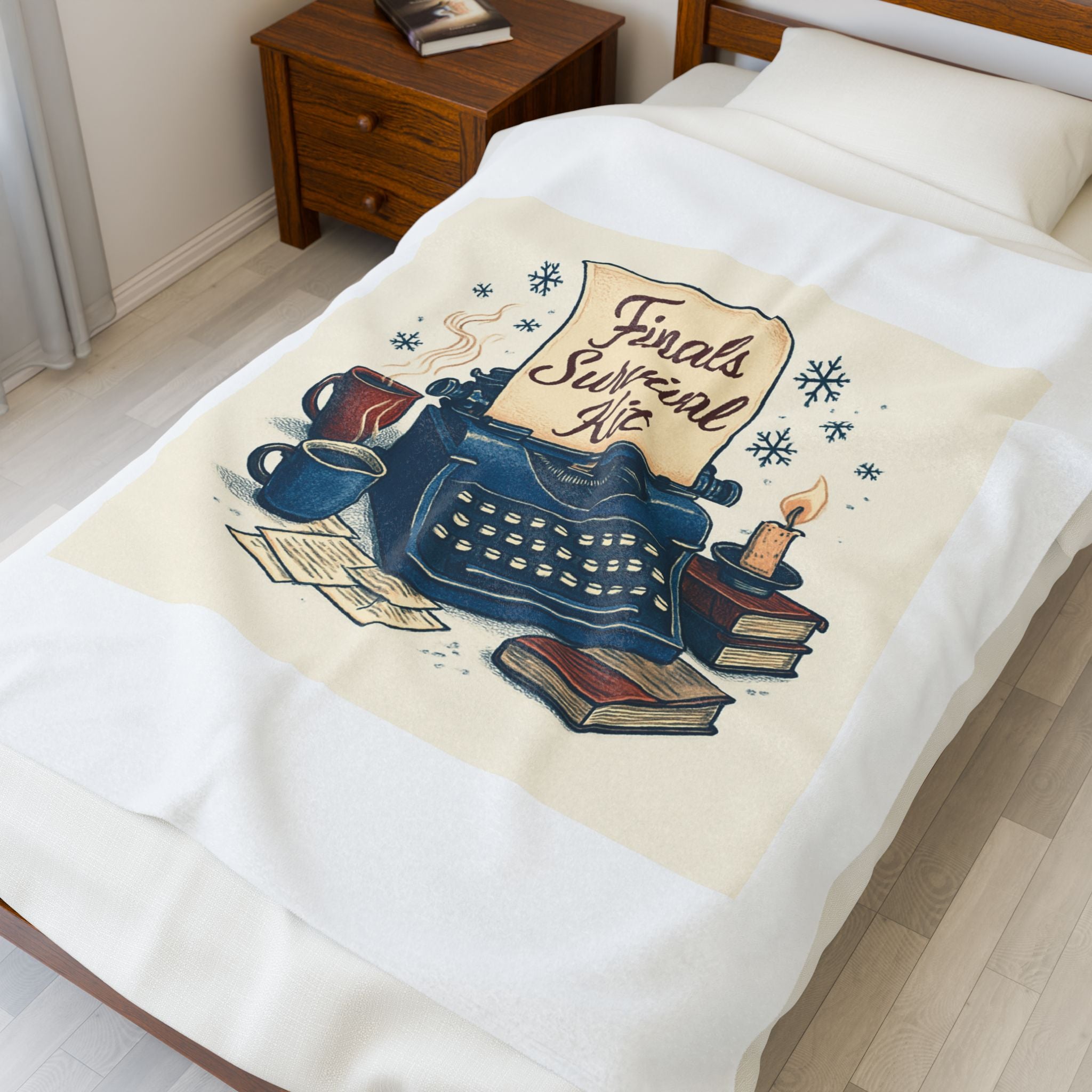 Finals Survival Kit Velveteen Plush Blanket — Cozy Study Throw with Typewriter Design