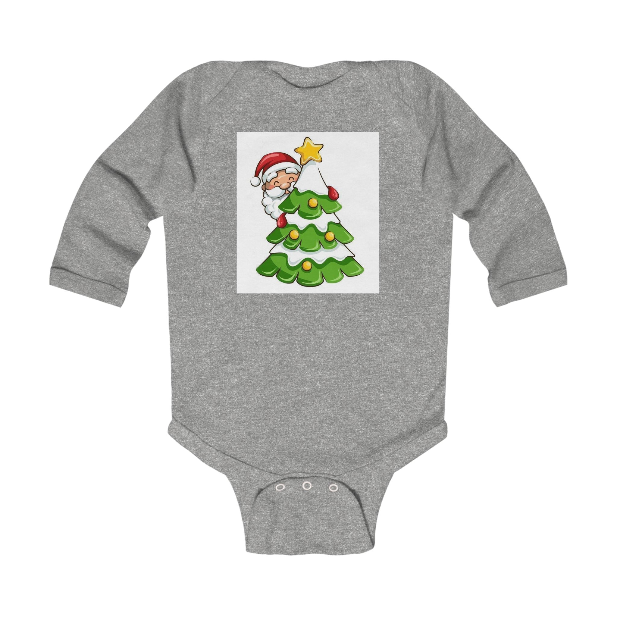 Baby Christmas Bodysuit - Cute Santa Peeking Behind Tree Holiday Onesie