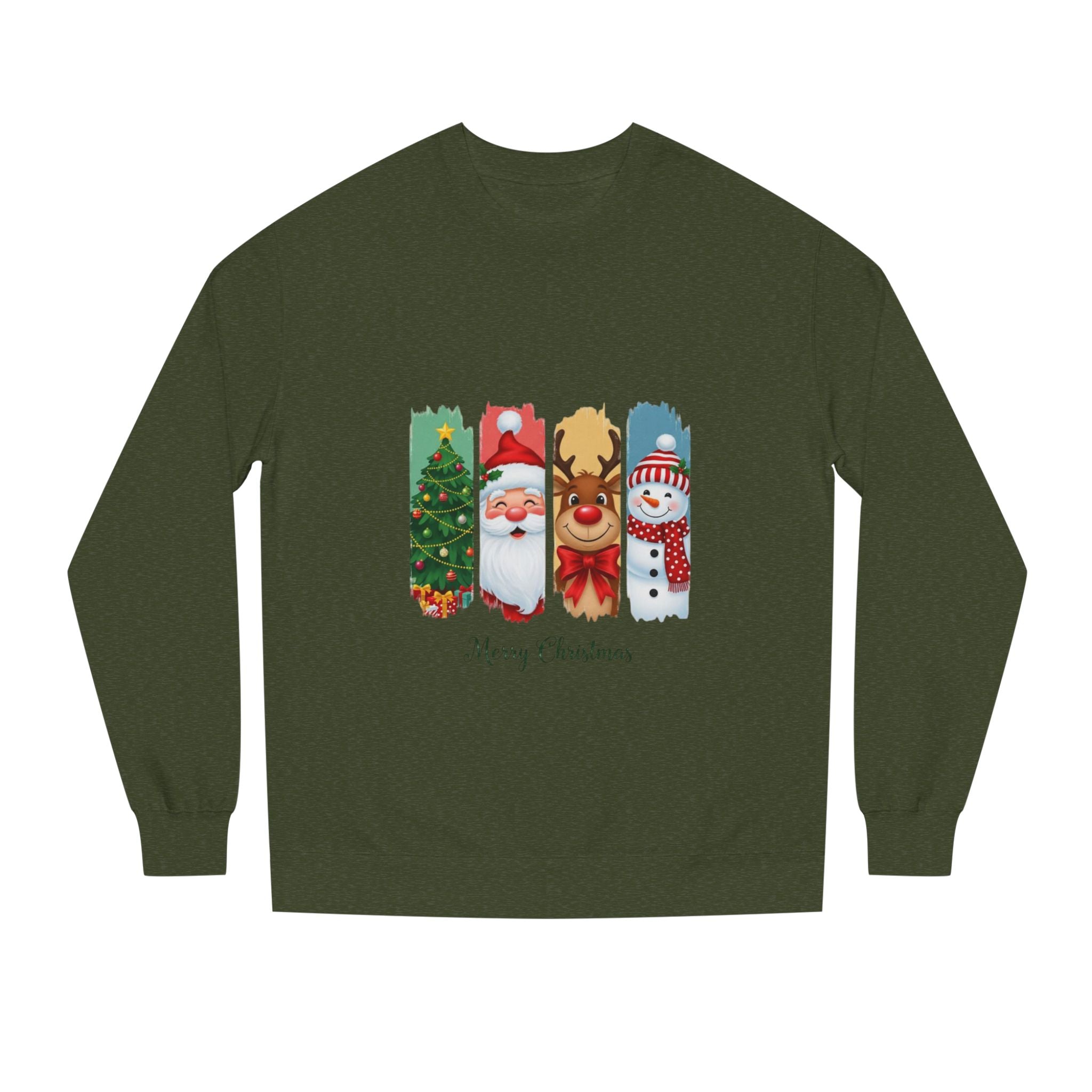 Christmas Characters Crewneck Sweatshirt — Merry Christmas Tree, Santa, Reindeer & Snowman Design