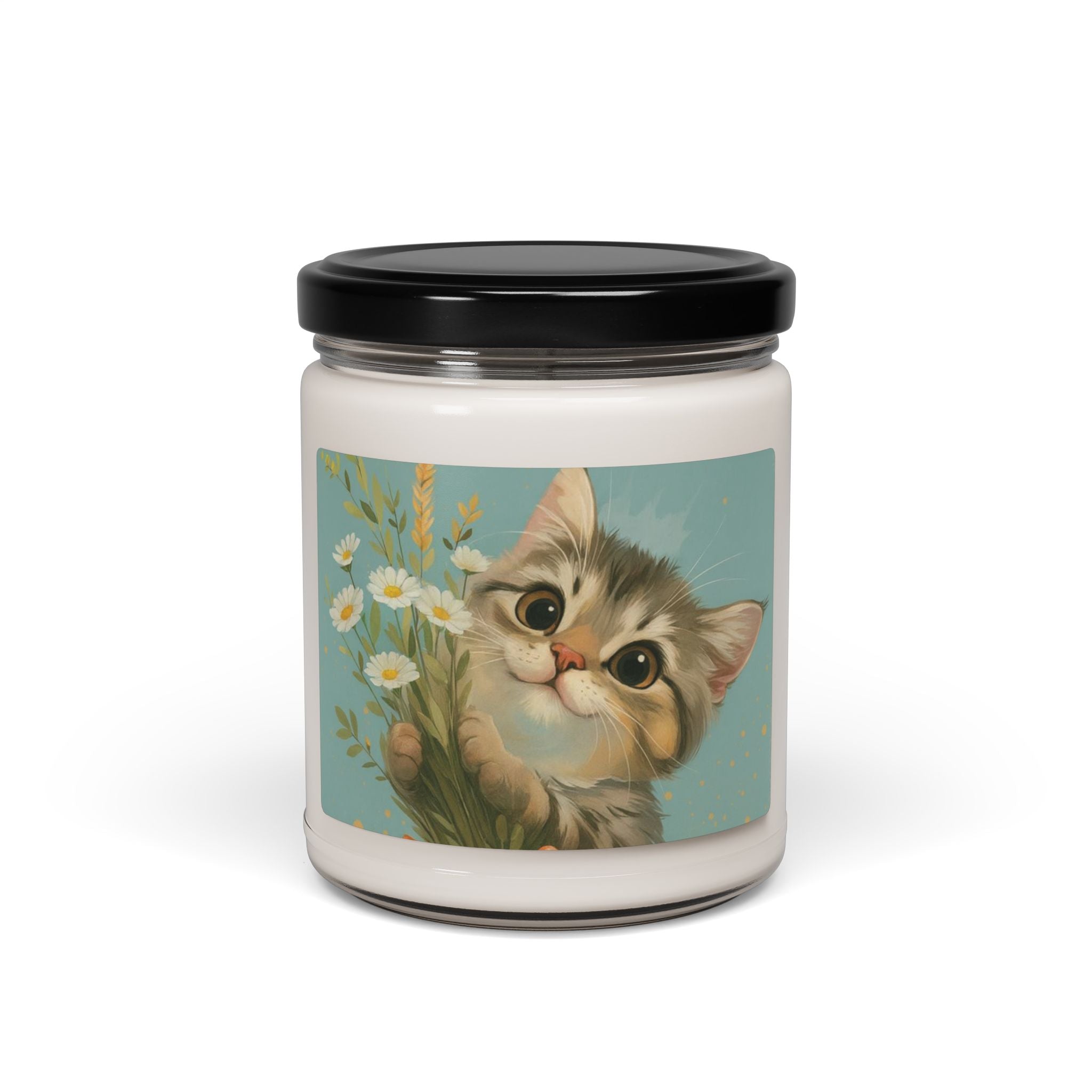 9oz Soy Candle — Cute Kitten with Daisies Scented Jar