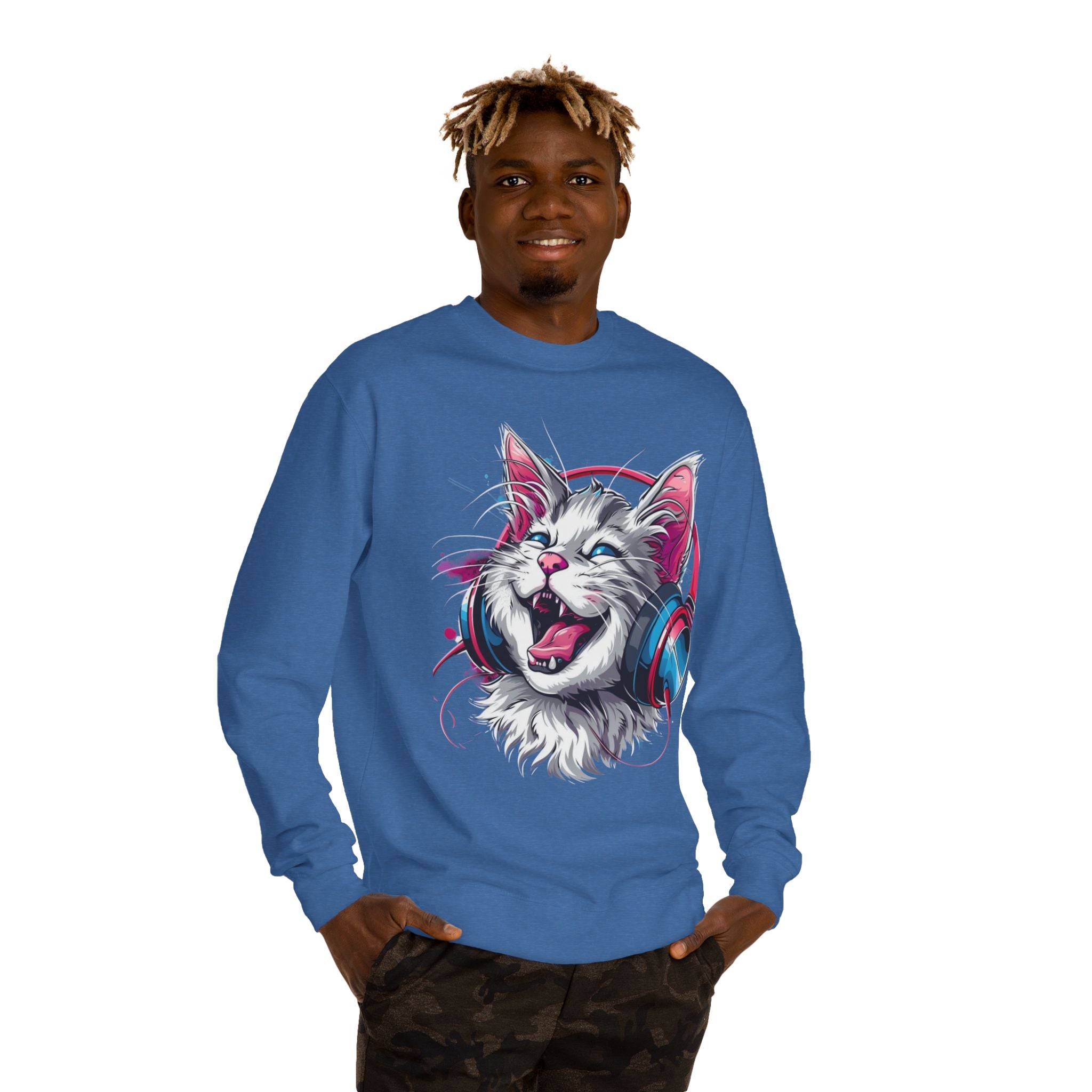 Cat with Headphones Sweatshirt — Vintage DJ Kitty Crewneck