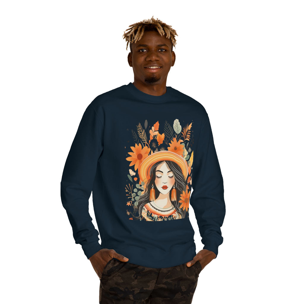 Autumn Bloom Women's Portrait Sweatshirt — Floral Hat Illustration