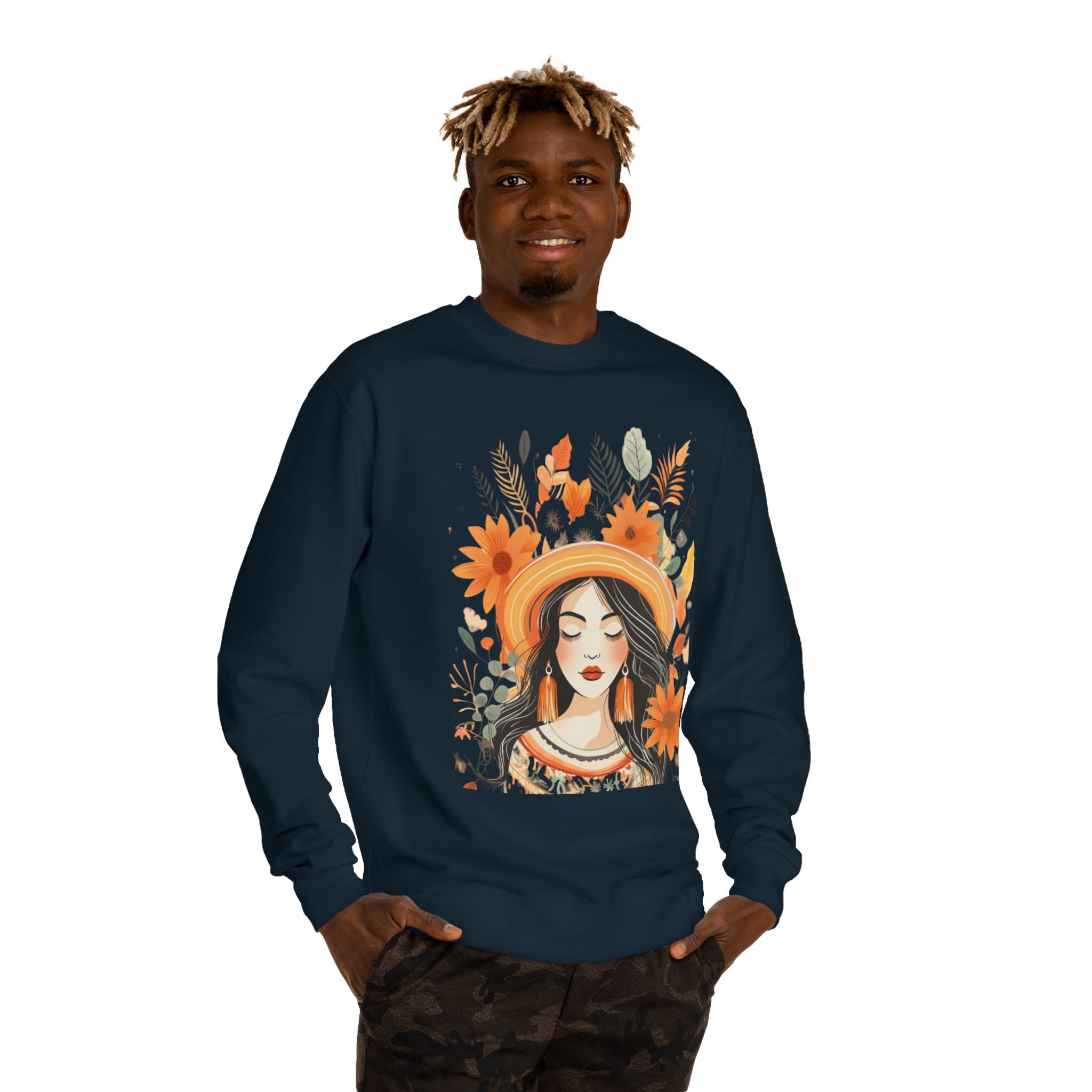 Autumn Bloom Women's Portrait Sweatshirt — Floral Hat Illustration