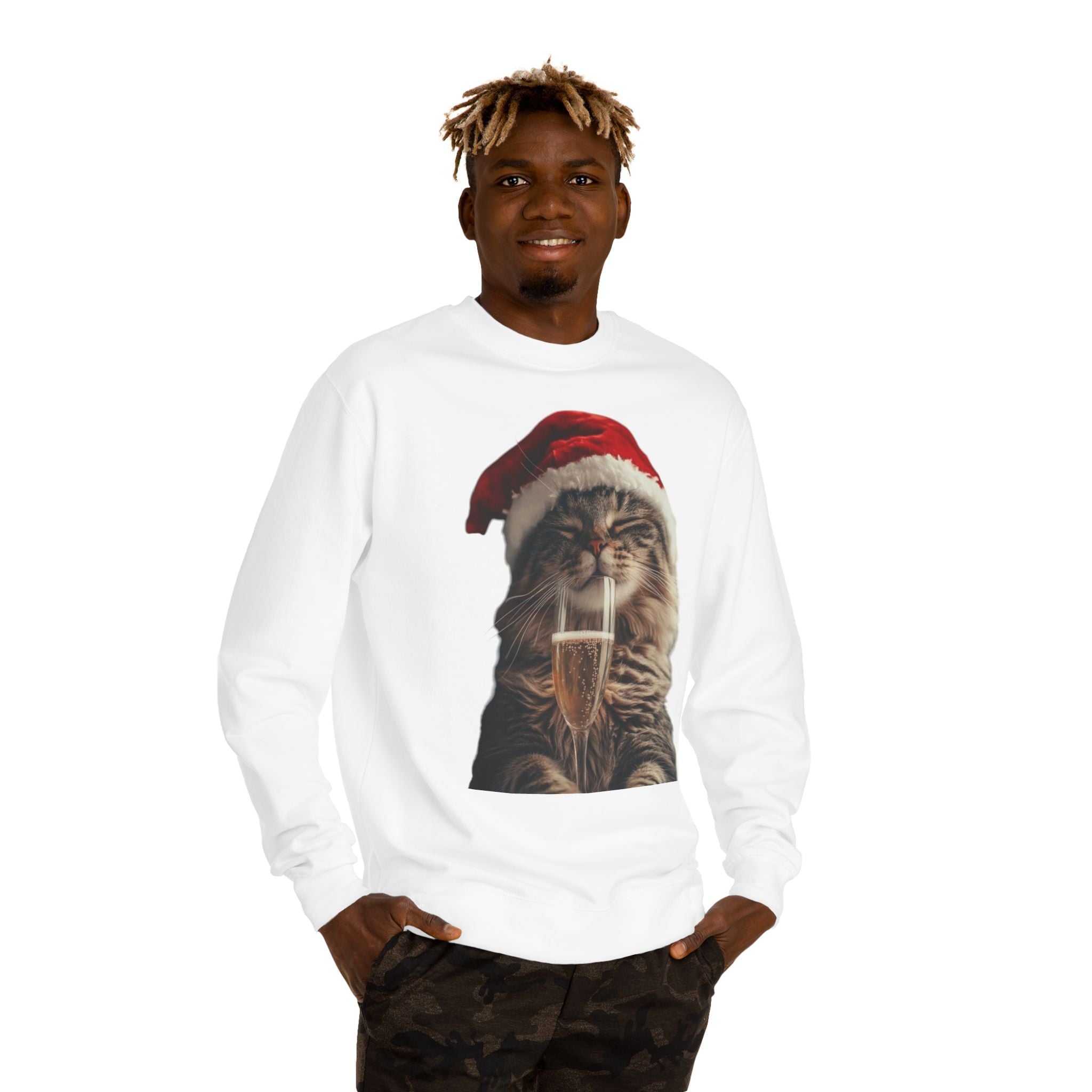 Christmas Cat Sweatshirt — Festive Cat with Santa Hat & Champagne