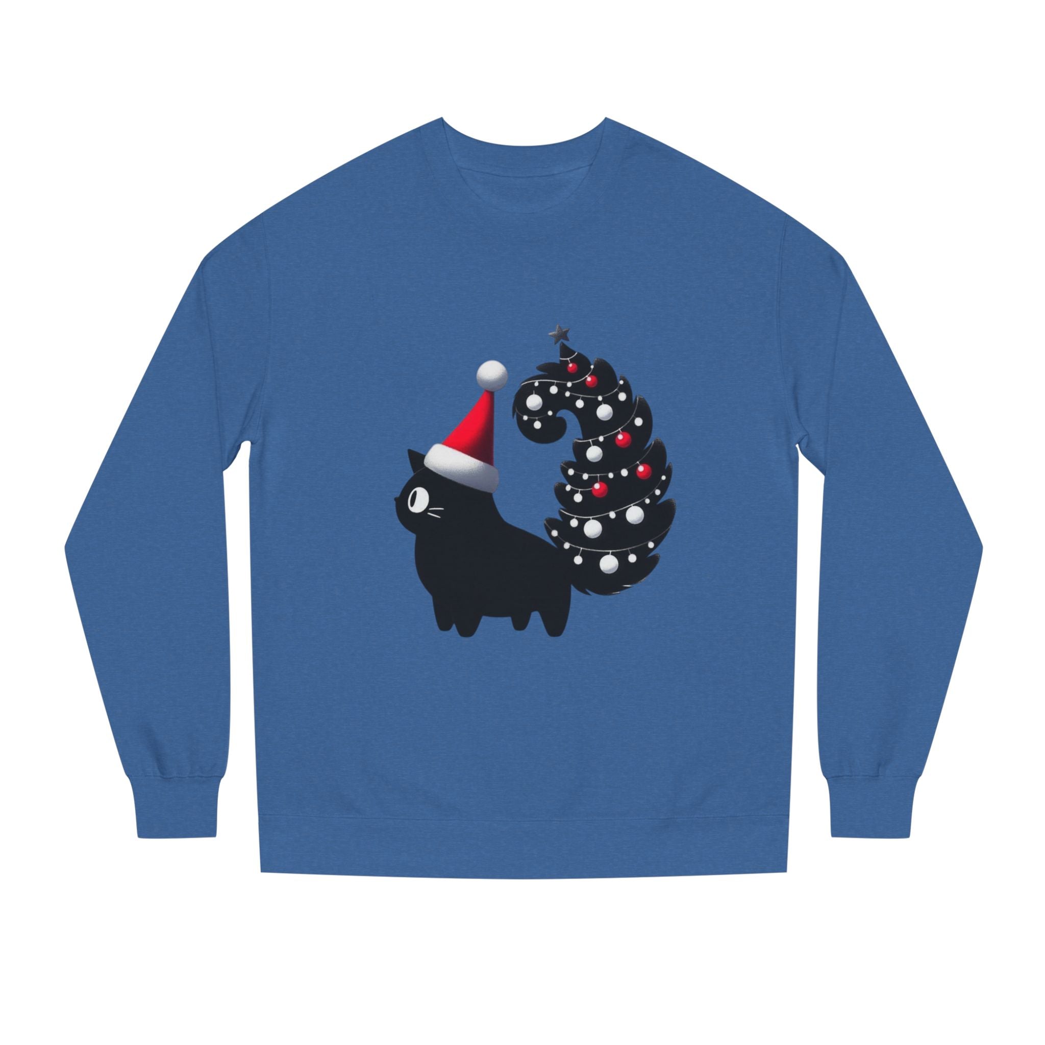 Christmas Black Cat Sweatshirt — Cute Cat with Santa Hat & Ornament Tail Holiday Crewneck