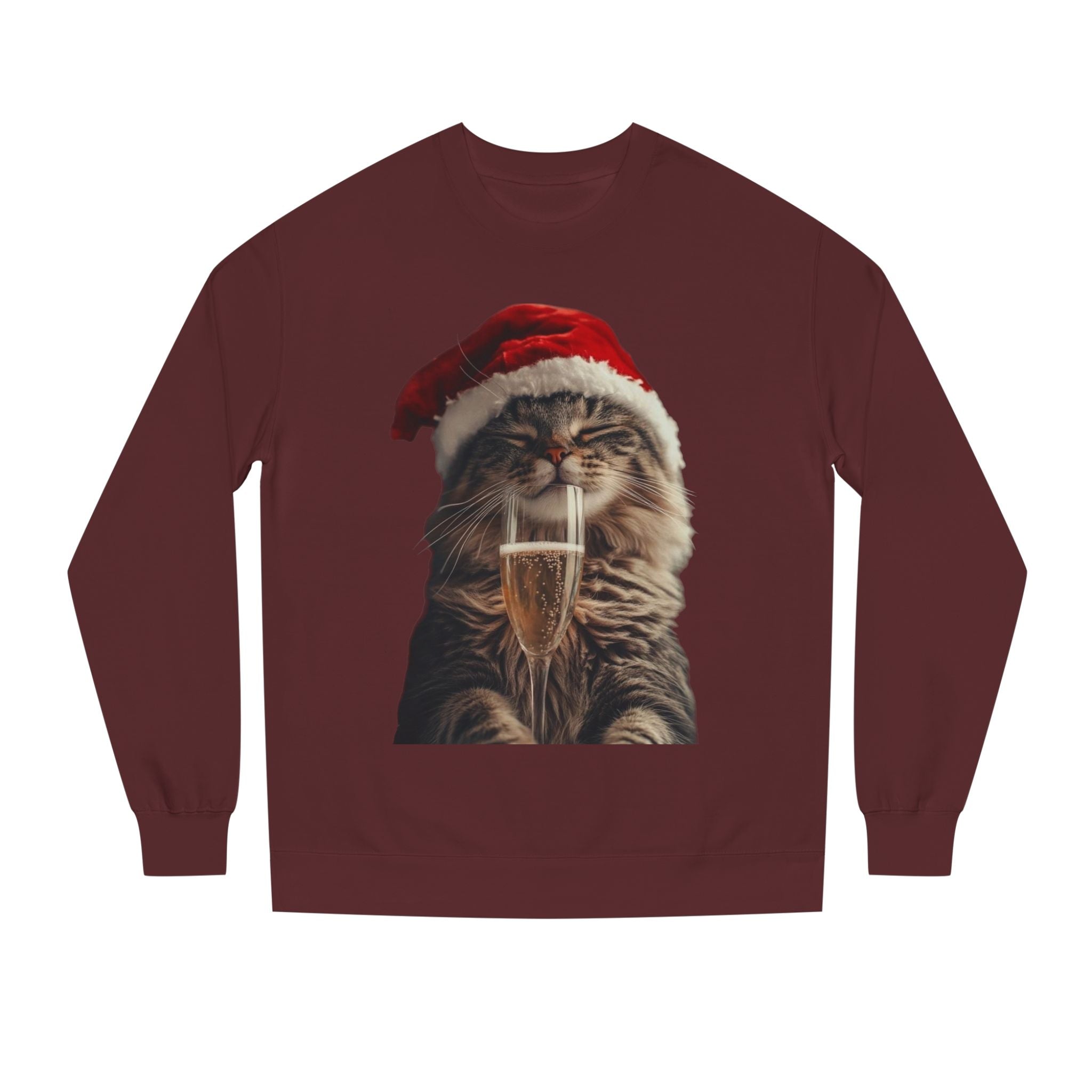 Christmas Cat Sweatshirt — Festive Cat with Santa Hat & Champagne