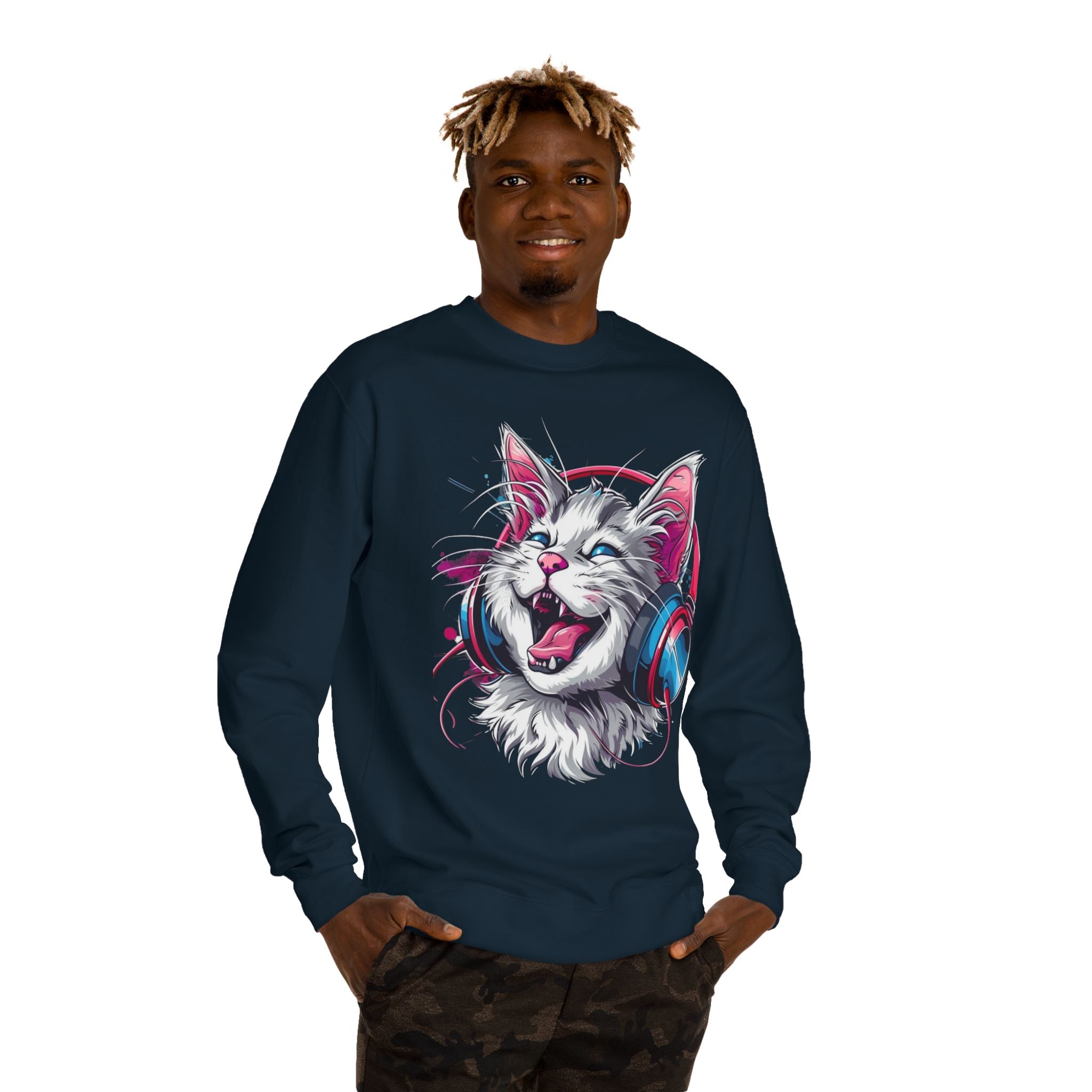 Cat with Headphones Sweatshirt — Vintage DJ Kitty Crewneck