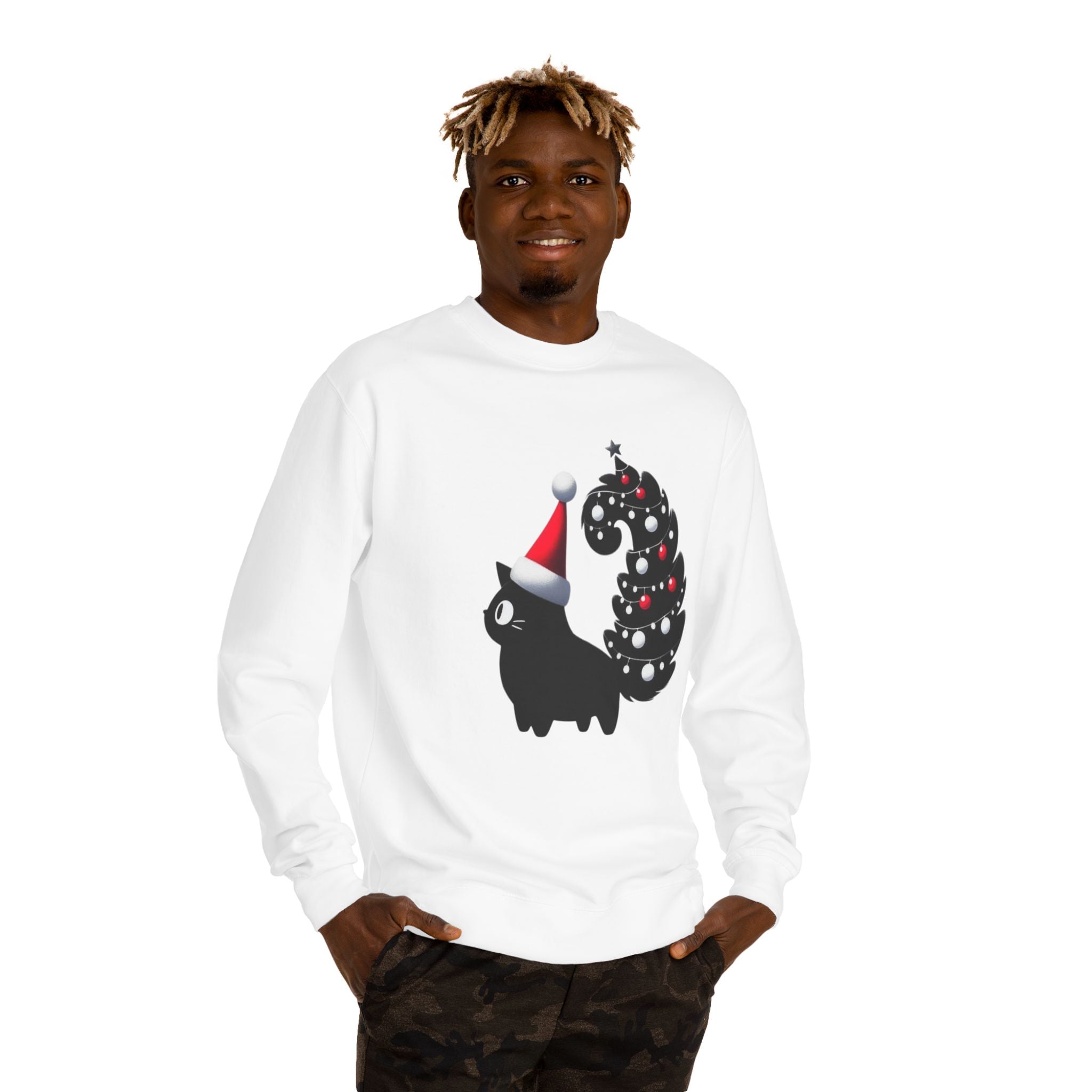 Christmas Black Cat Sweatshirt — Cute Cat with Santa Hat & Ornament Tail Holiday Crewneck
