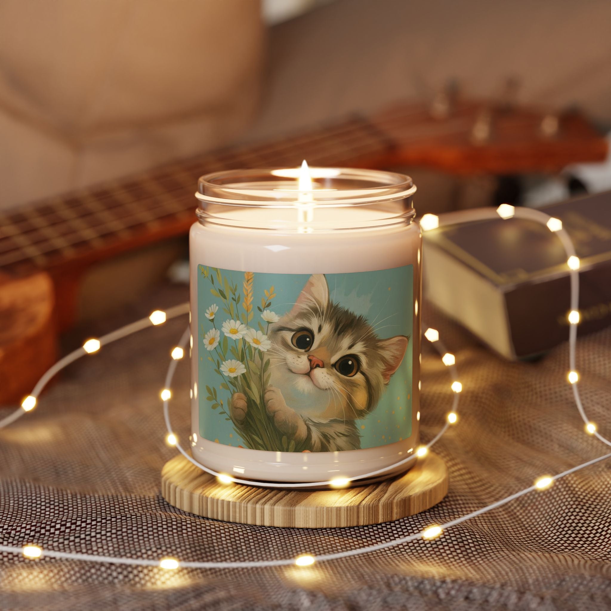 9oz Soy Candle — Cute Kitten with Daisies Scented Jar