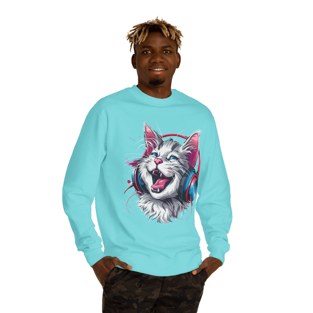 Cat with Headphones Sweatshirt — Vintage DJ Kitty Crewneck