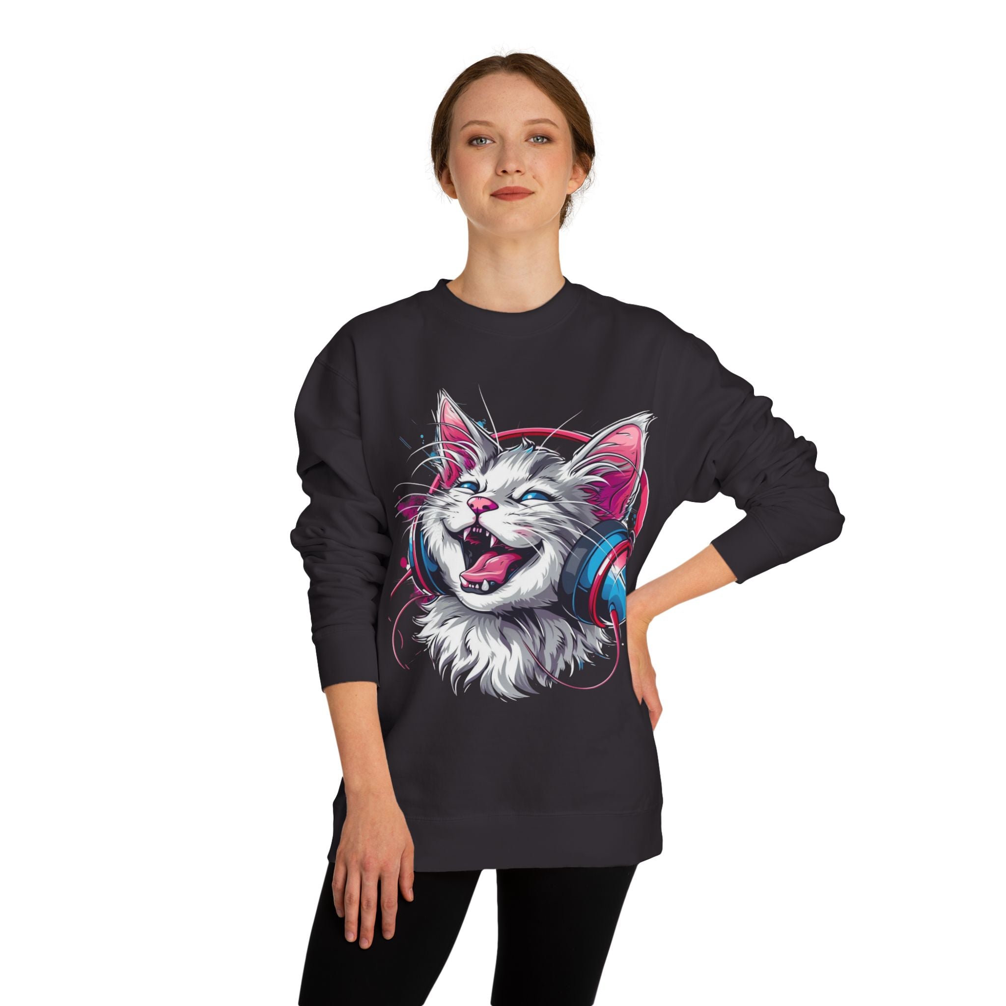 Cat with Headphones Sweatshirt — Vintage DJ Kitty Crewneck