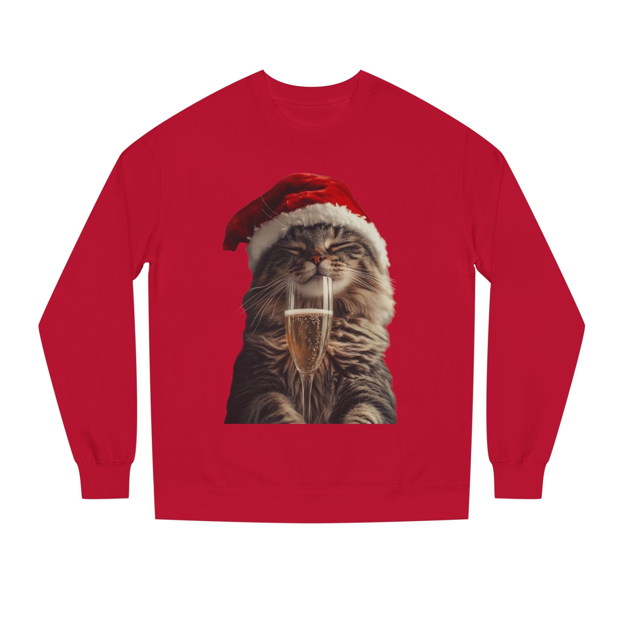 Christmas Cat Sweatshirt — Festive Cat with Santa Hat & Champagne