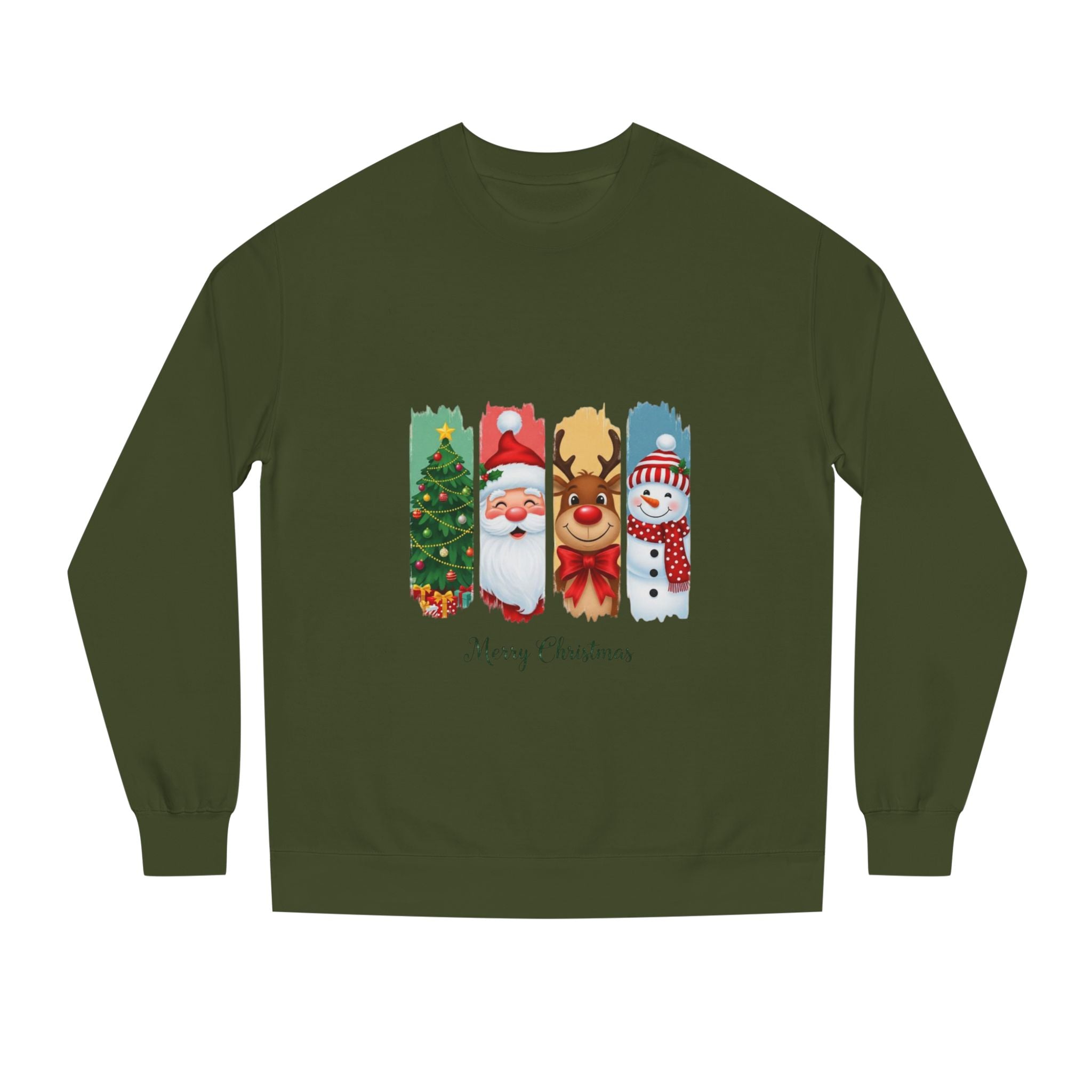 Christmas Characters Crewneck Sweatshirt — Merry Christmas Tree, Santa, Reindeer & Snowman Design