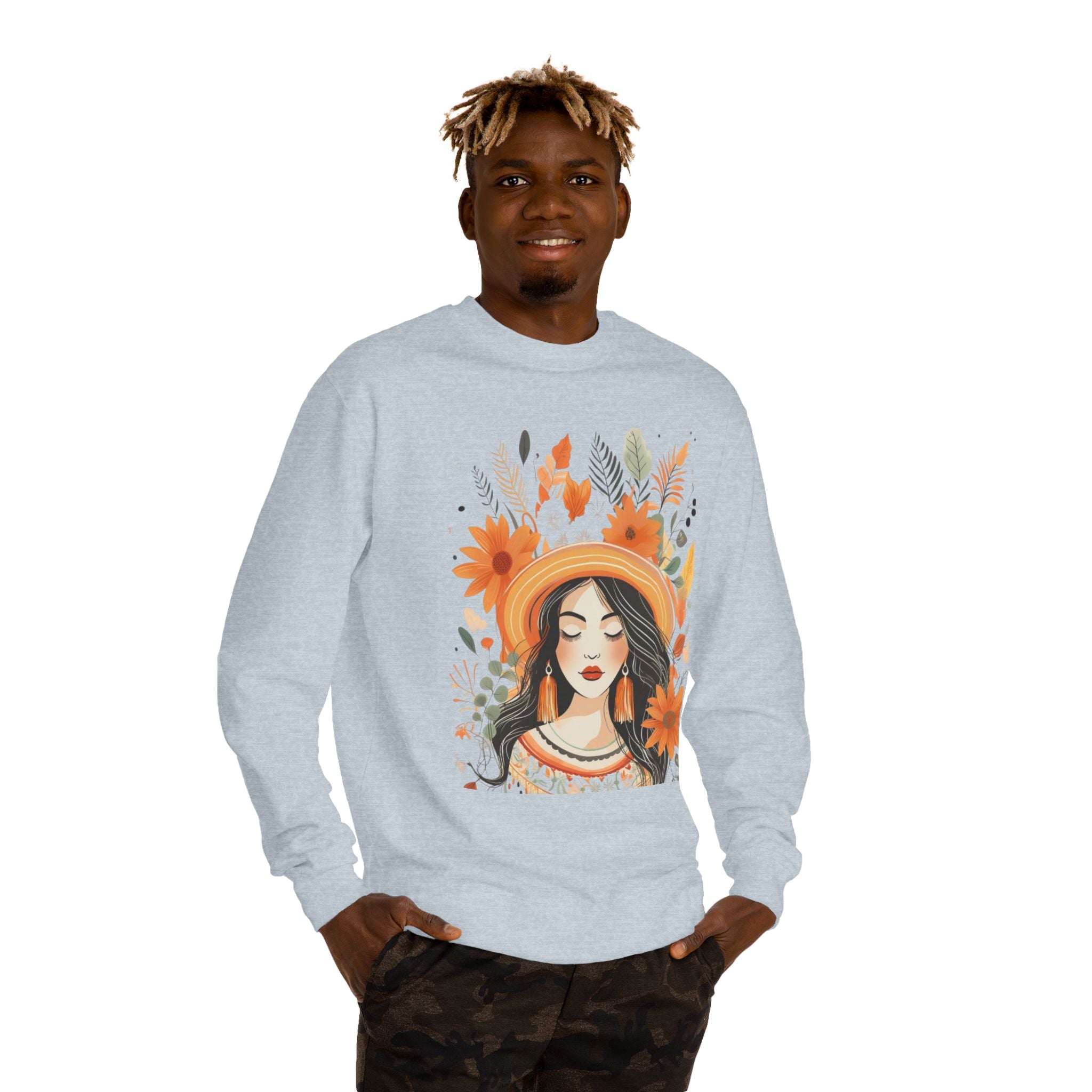 Autumn Bloom Women's Portrait Sweatshirt — Floral Hat Illustration