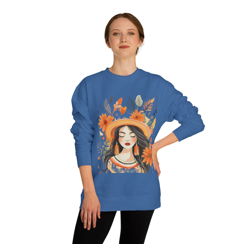 Autumn Bloom Women's Portrait Sweatshirt — Floral Hat Illustration