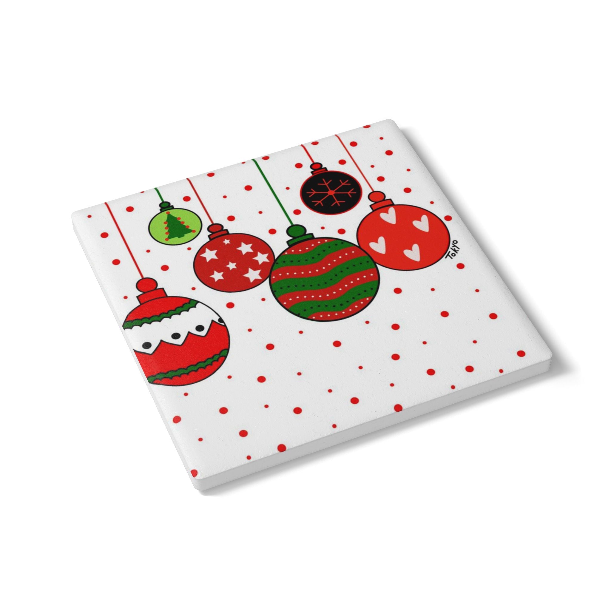 Christmas Ornament Ceramic Coaster — Festive Red & Green Holiday Drink Coaster