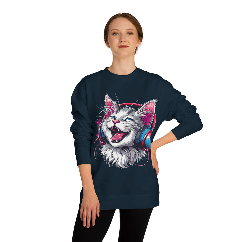 Cat with Headphones Sweatshirt — Vintage DJ Kitty Crewneck
