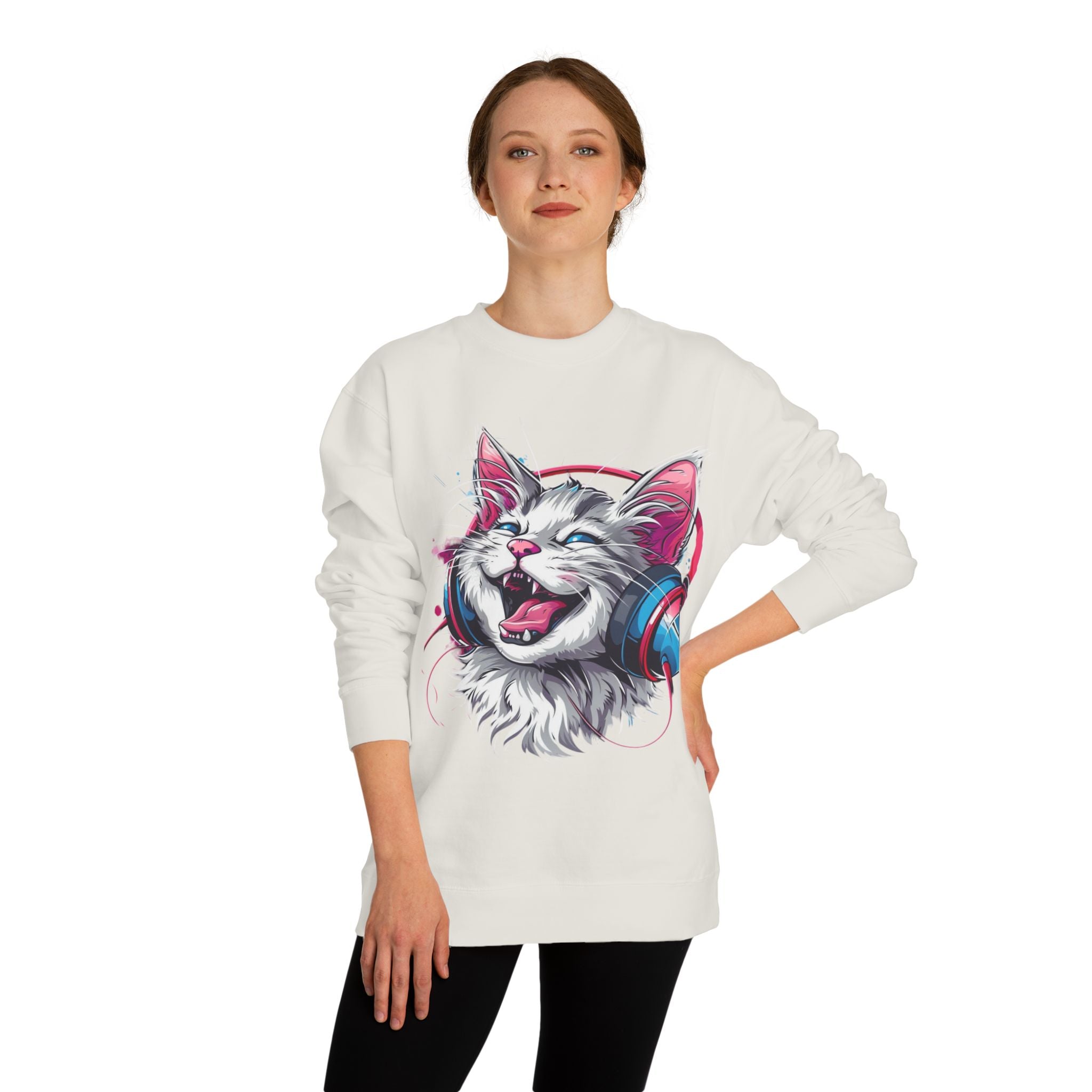 Cat with Headphones Sweatshirt — Vintage DJ Kitty Crewneck