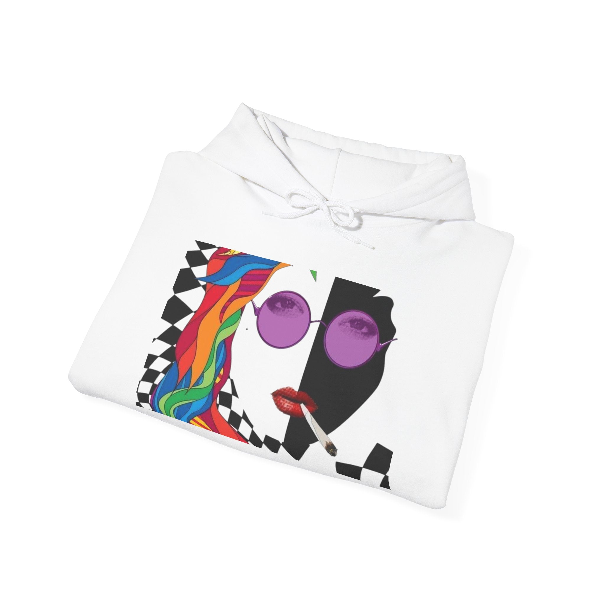 Graphic Hoodie - Retro Pop Art Face with Rainbow Hair & Checkerboard