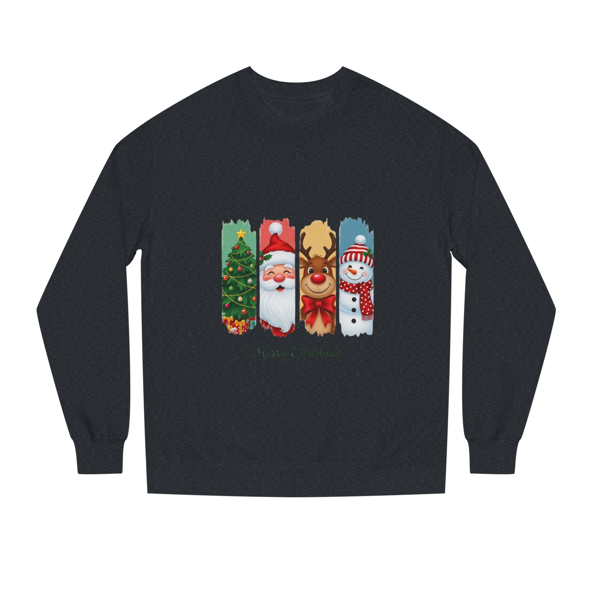Christmas Characters Crewneck Sweatshirt — Merry Christmas Tree, Santa, Reindeer & Snowman Design