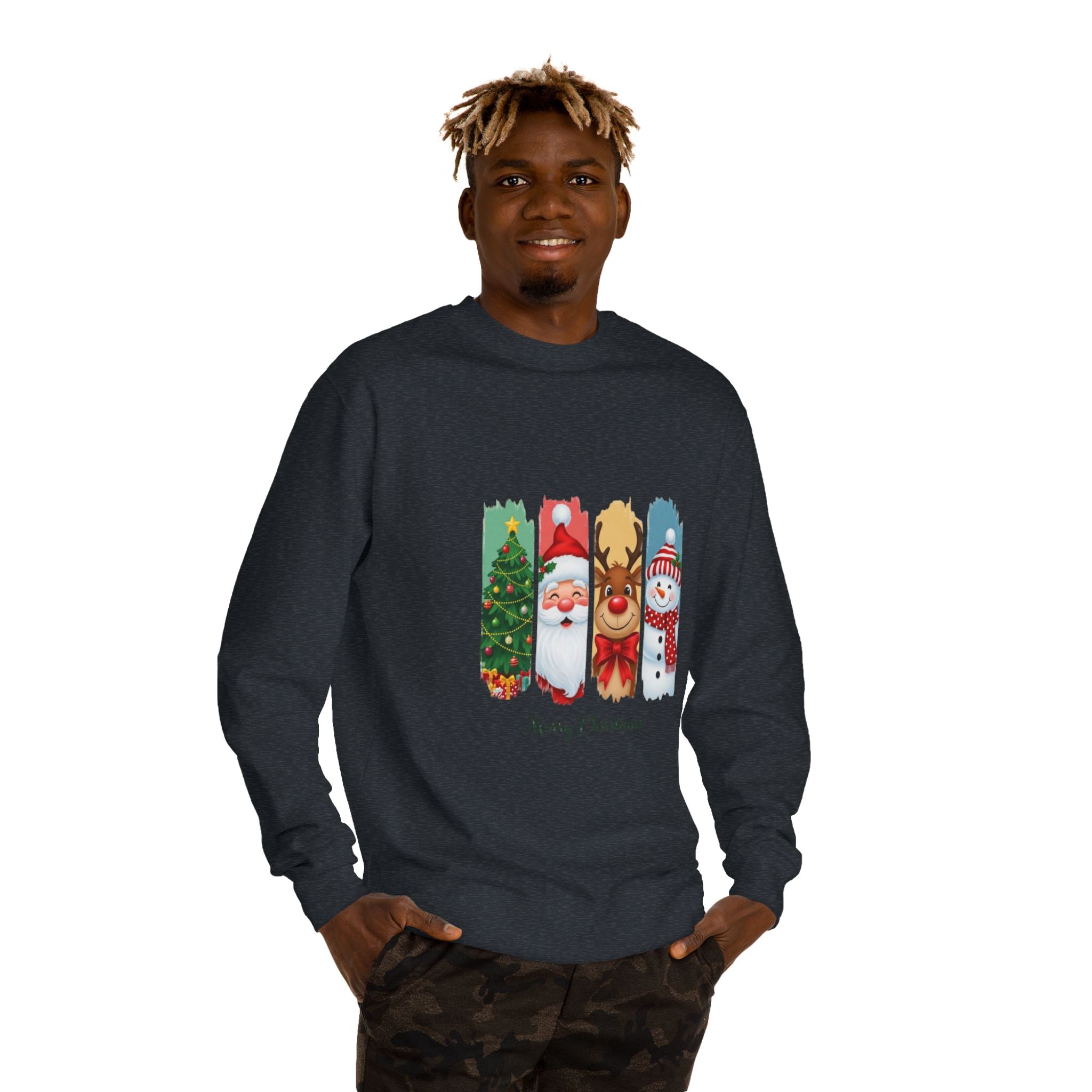 Christmas Characters Crewneck Sweatshirt — Merry Christmas Tree, Santa, Reindeer & Snowman Design