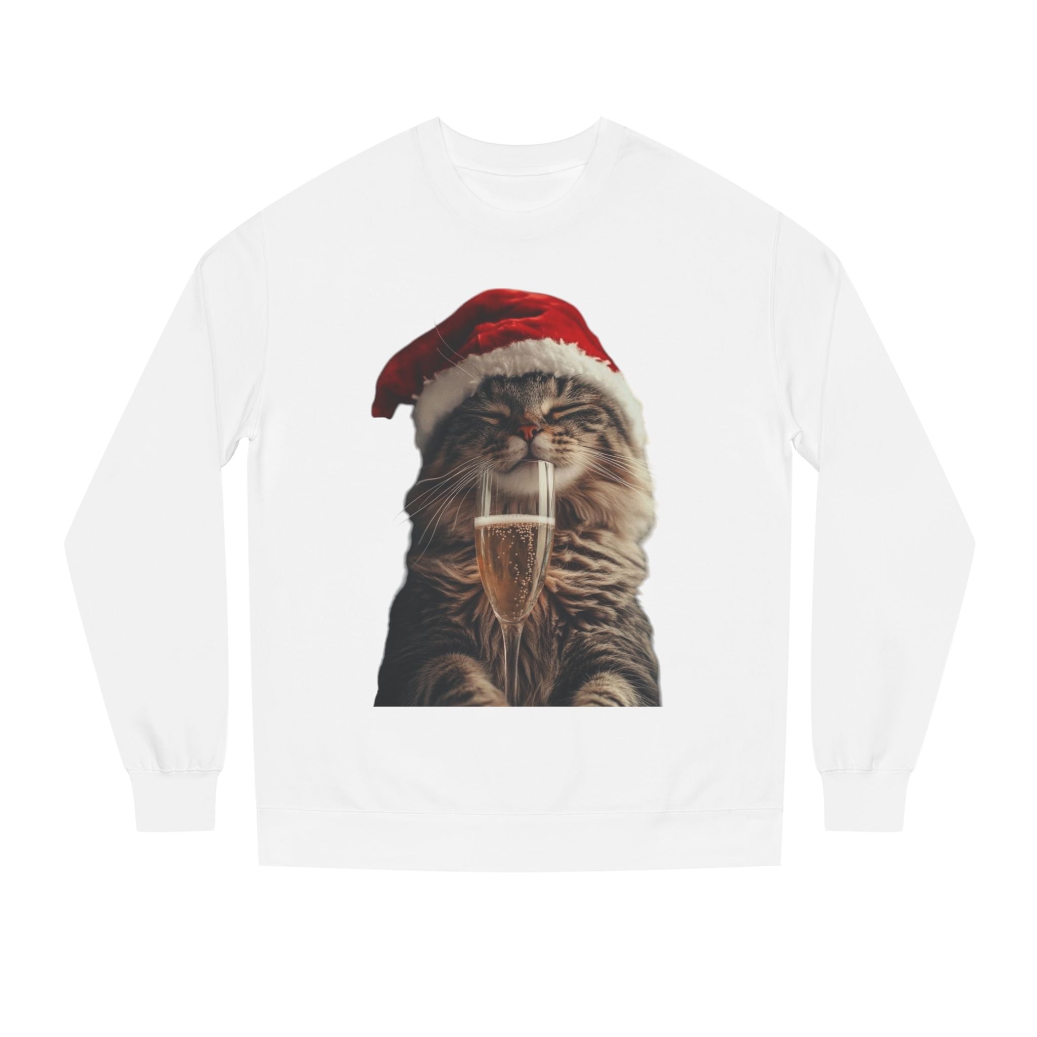 Christmas Cat Sweatshirt — Festive Cat with Santa Hat & Champagne