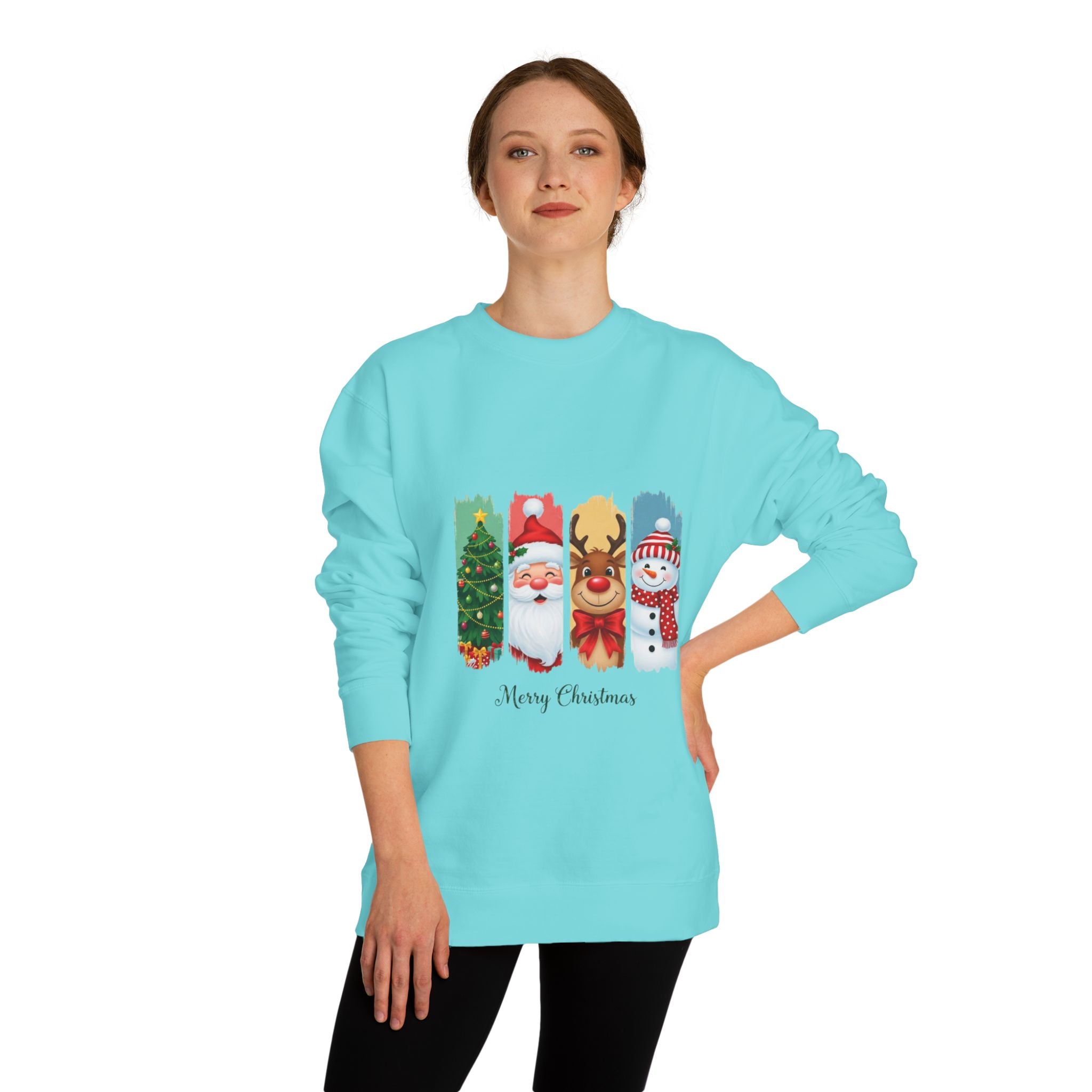 Christmas Characters Crewneck Sweatshirt — Merry Christmas Tree, Santa, Reindeer & Snowman Design