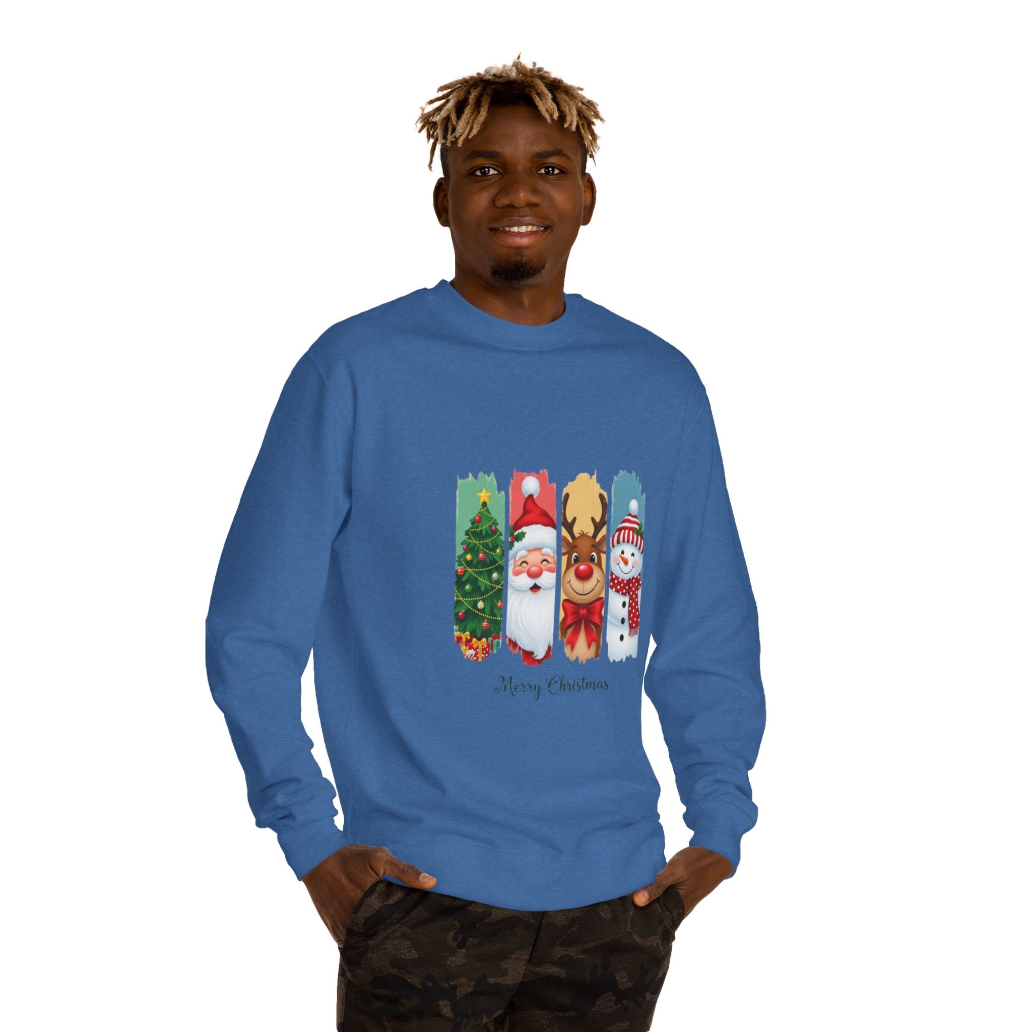 Christmas Characters Crewneck Sweatshirt — Merry Christmas Tree, Santa, Reindeer & Snowman Design